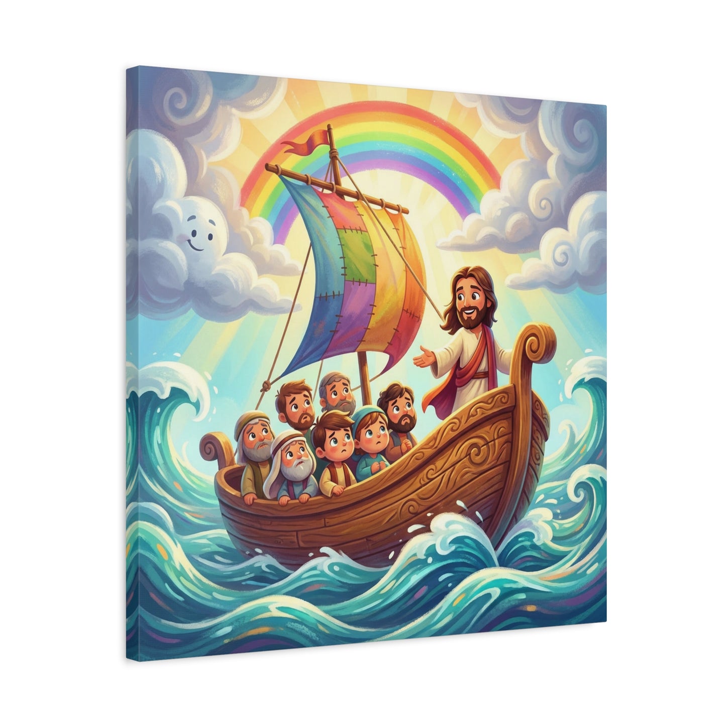 Jesus Boat Canvas Wall Art - Rainbow Sail, Disciples At Sea, Christian Nursery Decor - Matte Cotton Print - Whimsical Religious Style For Kids Bedroom Playroom Home Decoration - Living Room Wall Decor