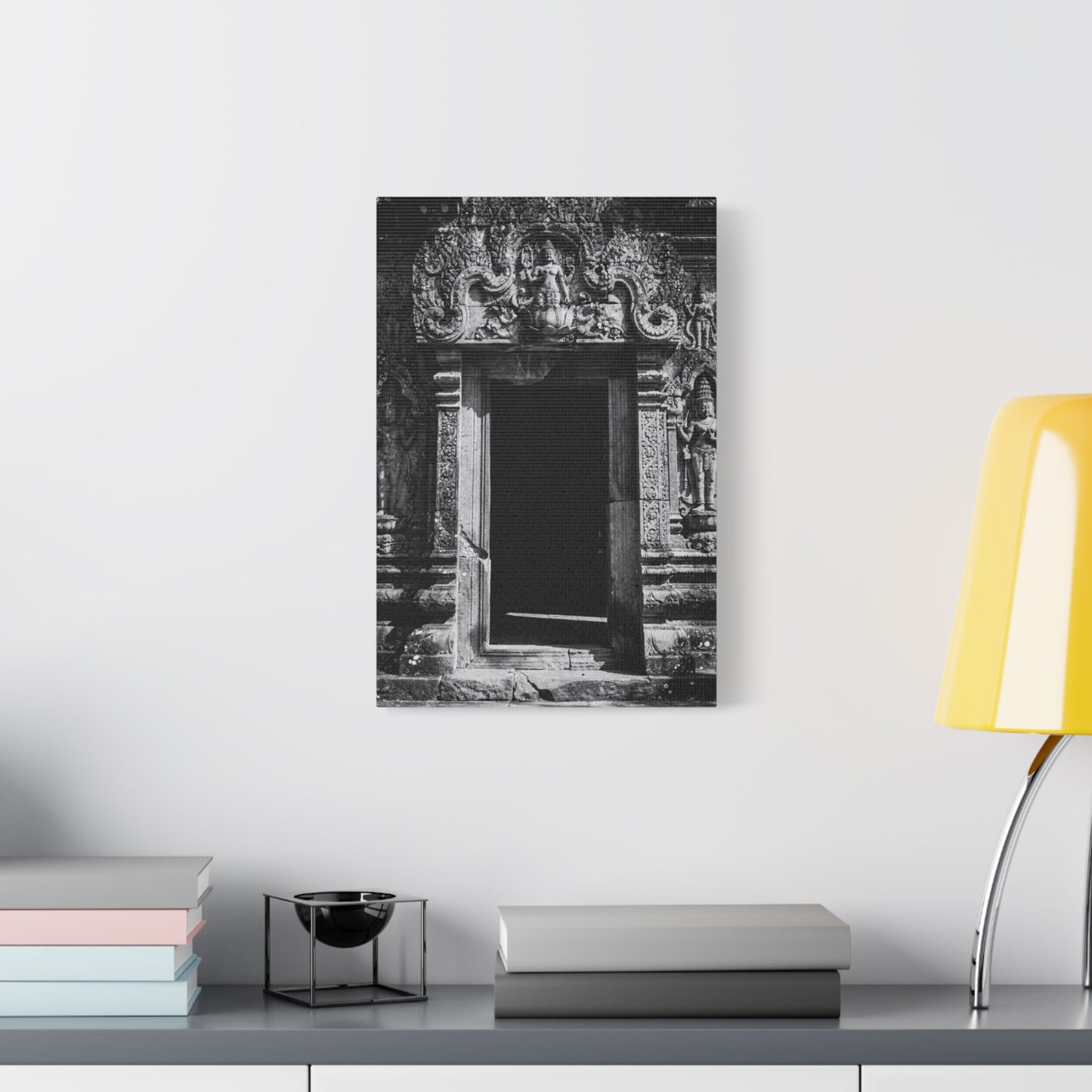 Buddhist Temple Doorway Canvas Wall Art - Black And White Stone Carving, Religious Architecture Print, Traditional Monochrome Decor - Living Room Wall Decor, Office Art - Bedroom Home Decoration