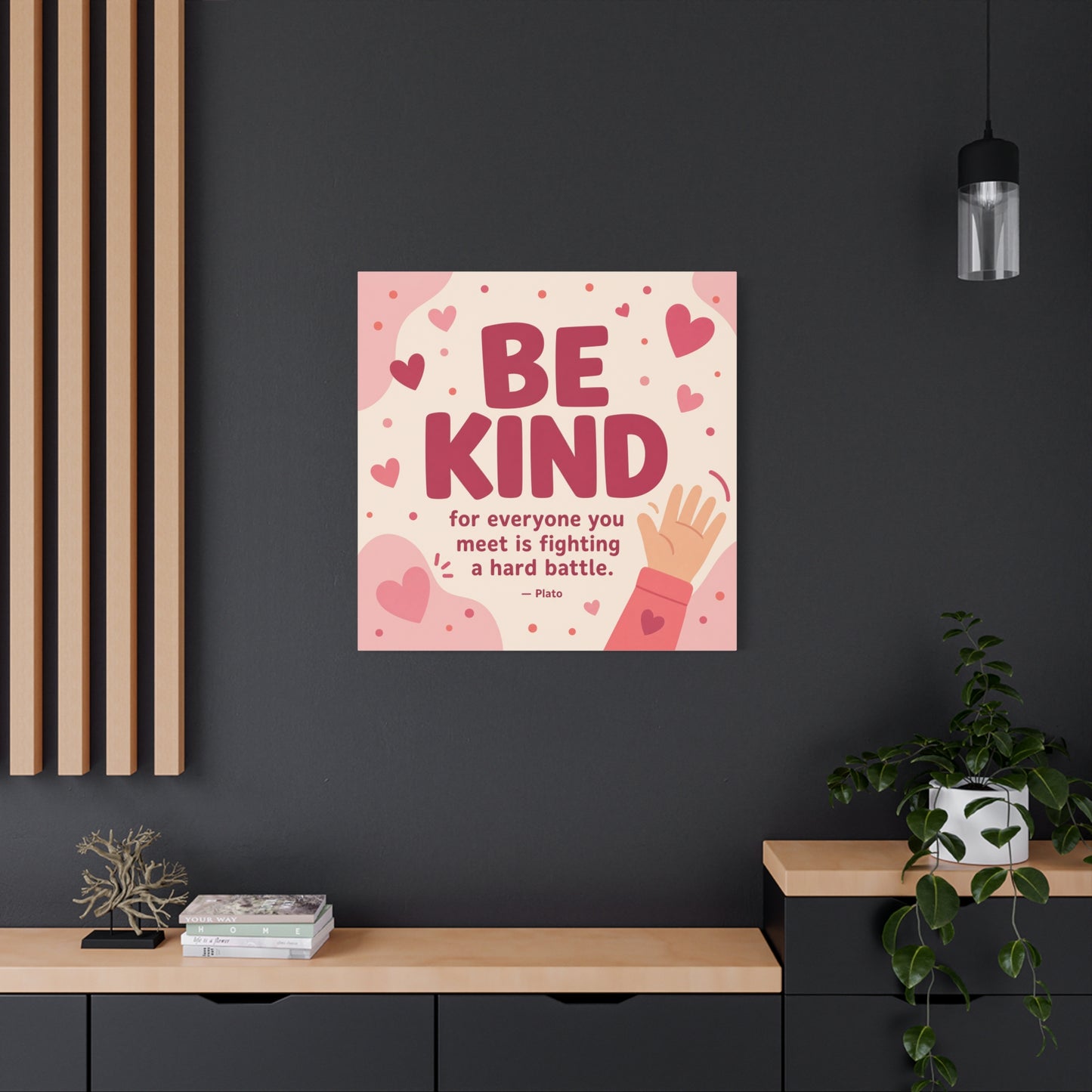 "Be Kind For Everyone You Meet Is Fighting A Hard Battle. - Plato" Canvas Wall Art - Pink Heart Typography Print - Inspirational Bedroom Decor - Modern Nursery Wall Hanging - Bedroom Home Decoration