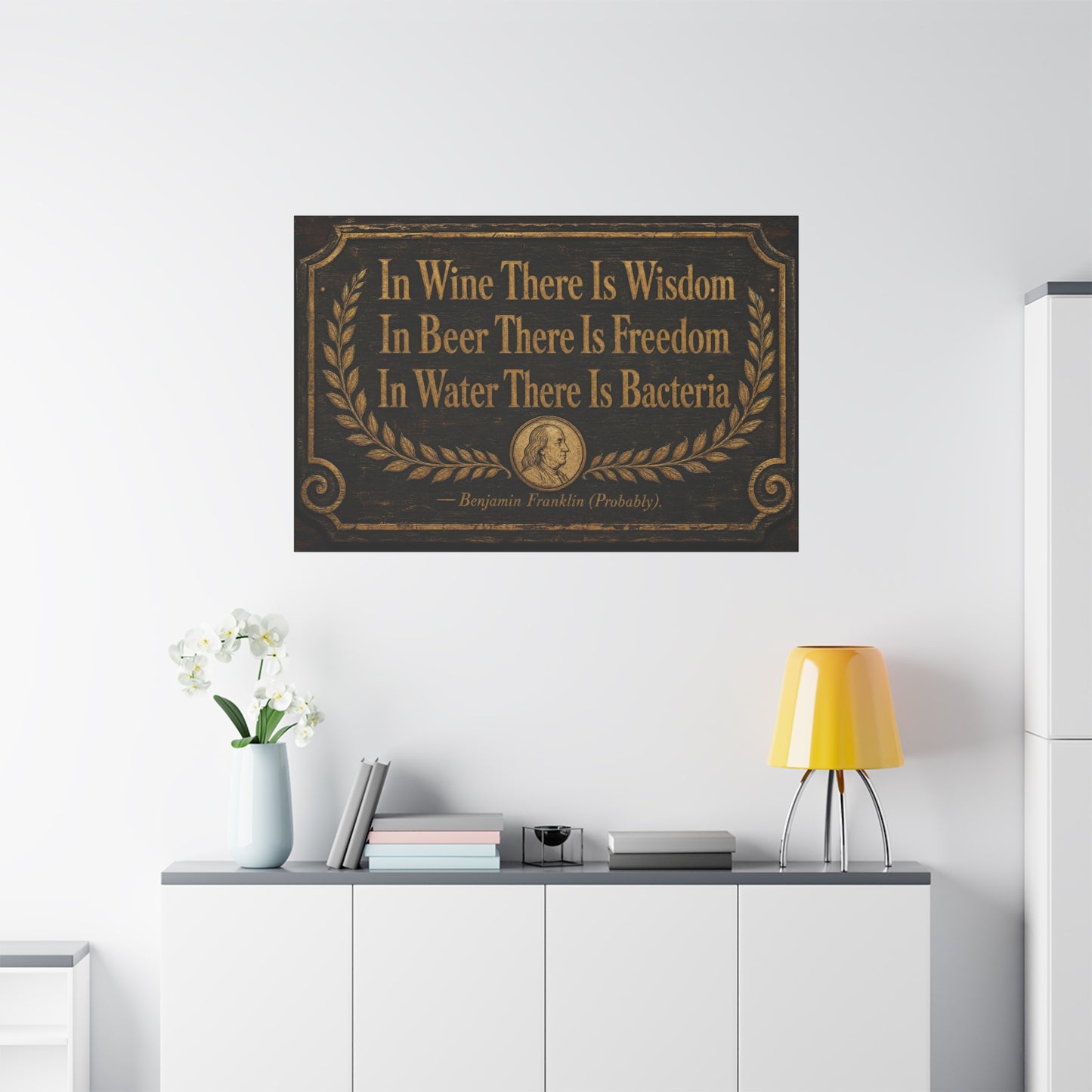 "In Wine There Is Wisdom In Beer There Is Freedom" Canvas Wall Art - Vintage Bar Quote Print, Rustic Tavern Style, Brown Gold Typography Decor, Home Bar - Office Wall Art - Cocktail Lounge Decor