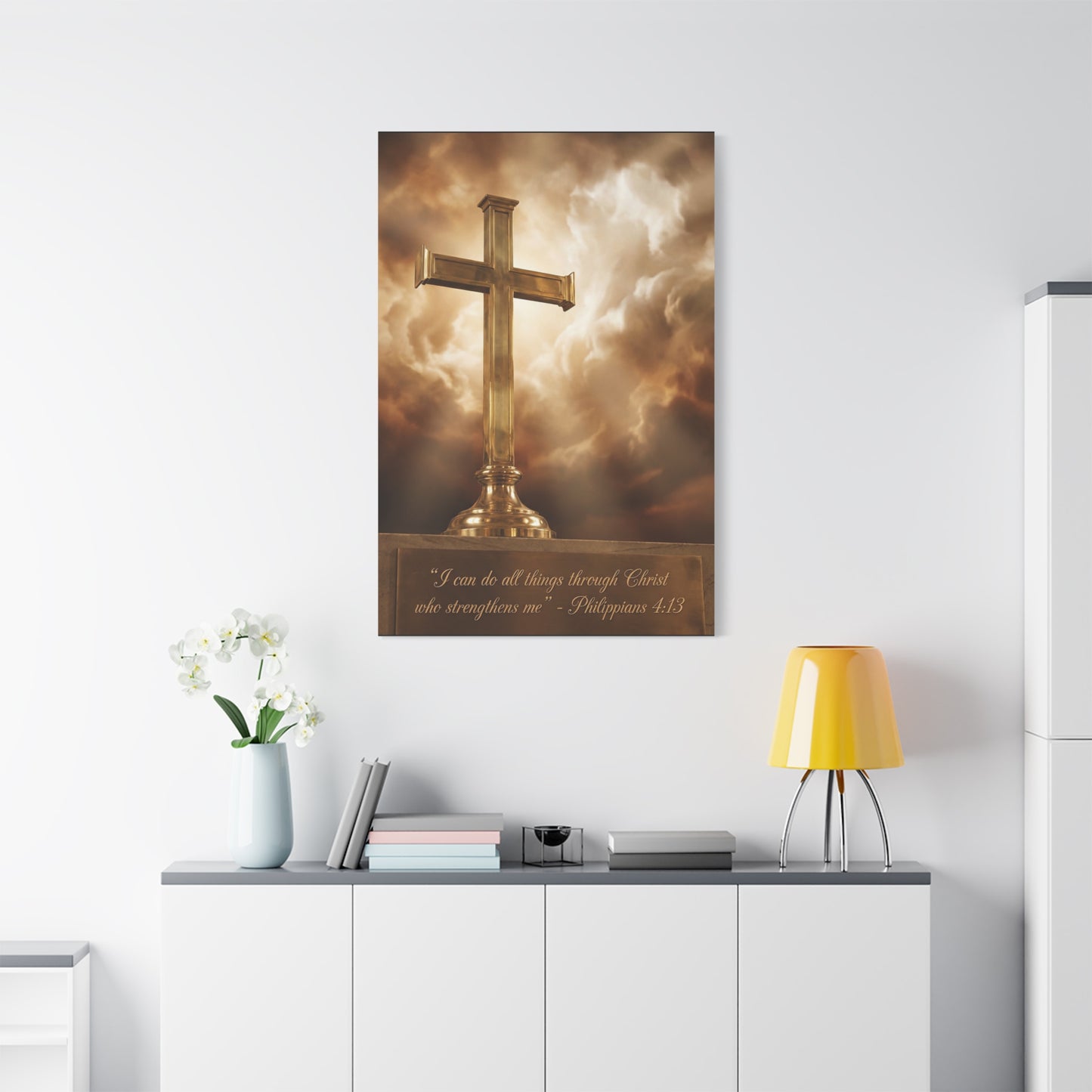 "I Can Do All Things Through Christ Who Strengthens Me" Christian Canvas Wall Art - Gold Cross, Philippians 4:13 Scripture Print - Traditional Faith Decor, Bedroom Living Room - Living Room Wall Decor