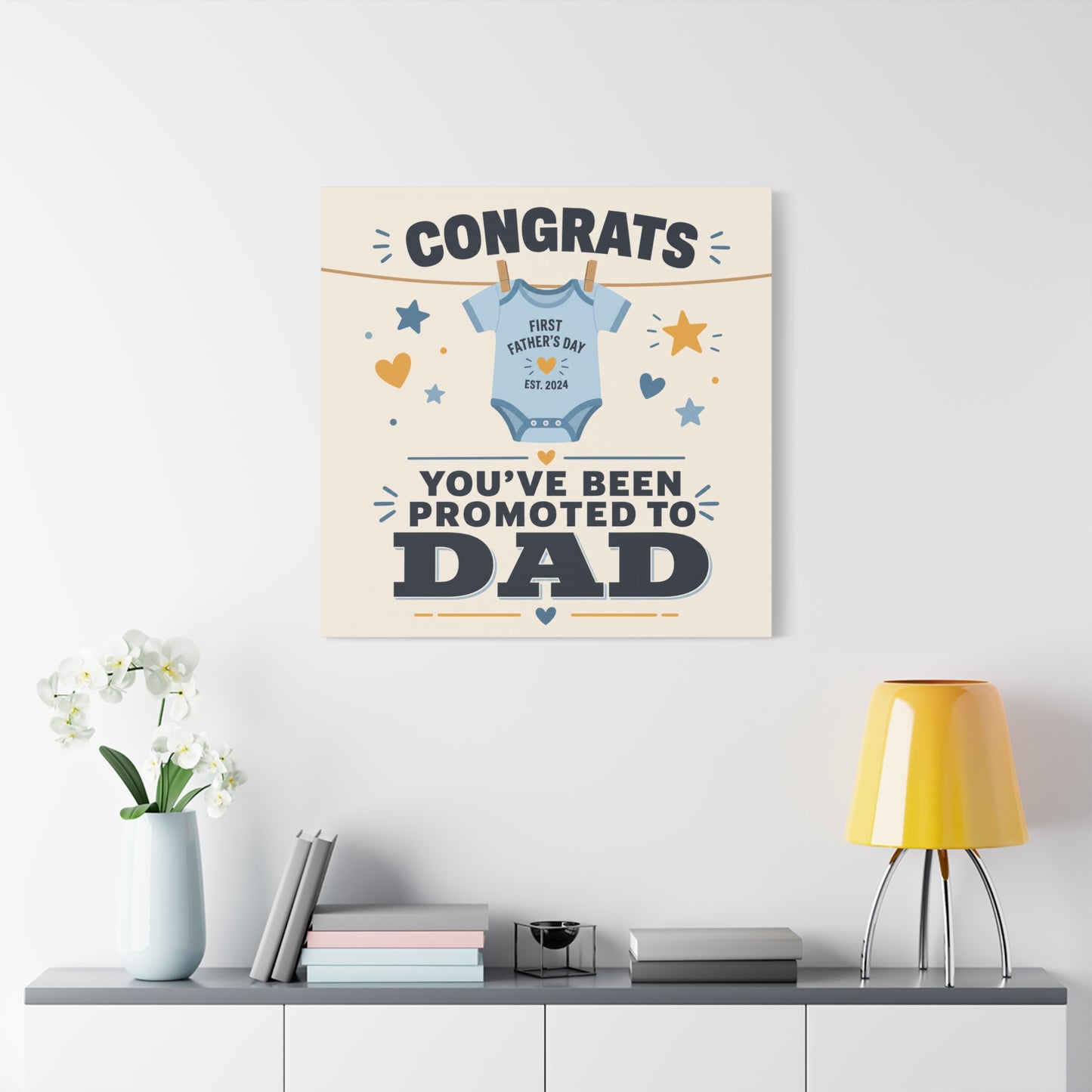 "Congrats You've Been Promoted To Dad" Canvas Wall Art - Baby Onesie Quote Print, Blue And Gold Typography Decor - Nursery Bedroom Wall Hanging - Bedroom Home Decoration - Modern Farmhouse Style