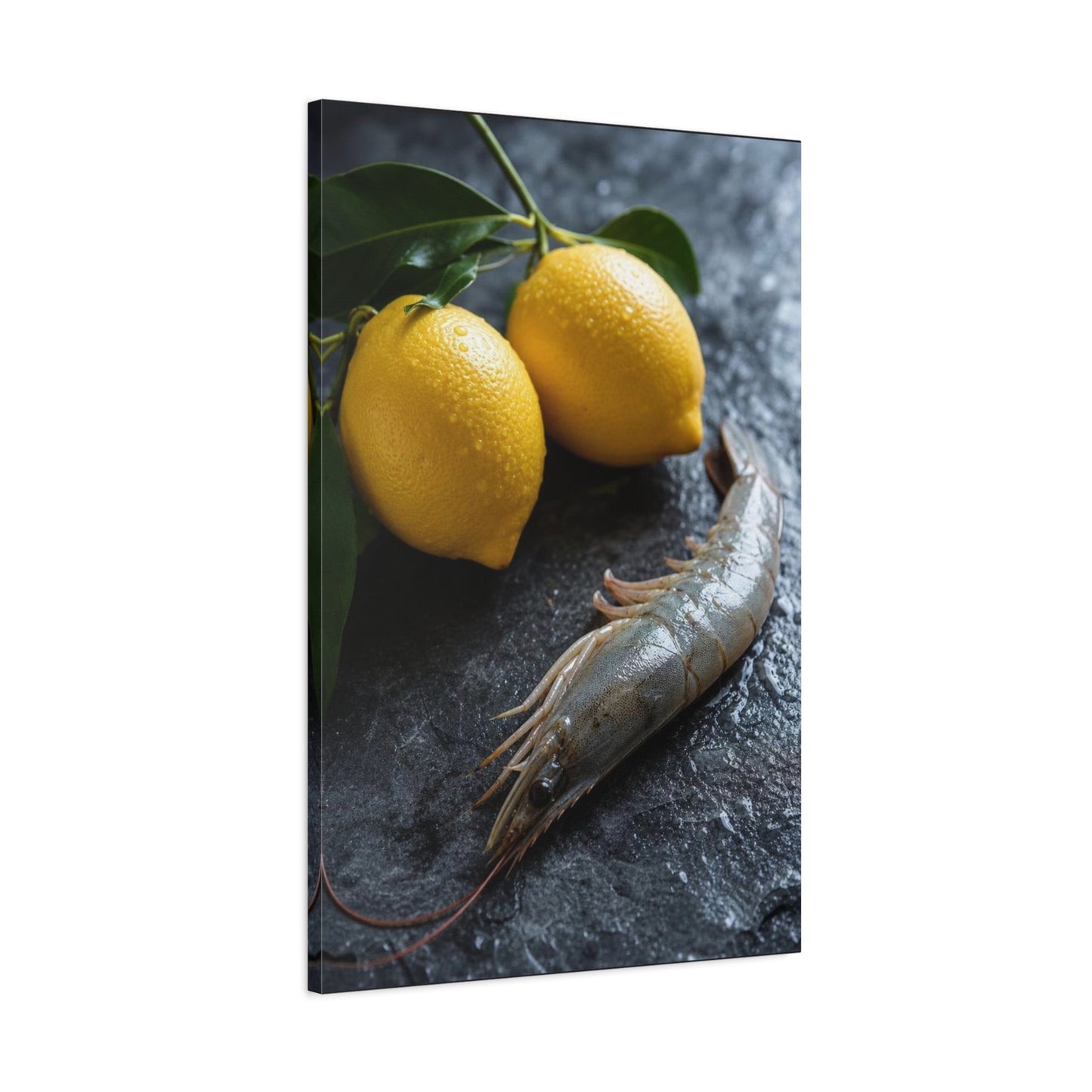 Lemon And Shrimp Canvas Wall Art - Still Life Food Art Print, Moody Kitchen Decor - Matte Cotton Art Print - Contemporary Dining Room Accent, Coastal Restaurant Wall Decor - Bedroom Home Decoration