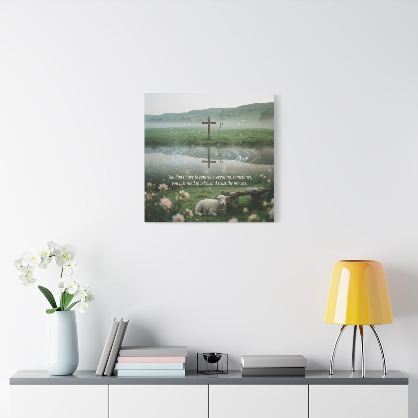 "You Don’t Have To Control Everything, Sometimes You Just Need To Relax And Trust The Process" Canvas Wall Art - Christian Cross, Lamb Meadow Scene - Inspirational Farmhouse Decor - Office Wall Art