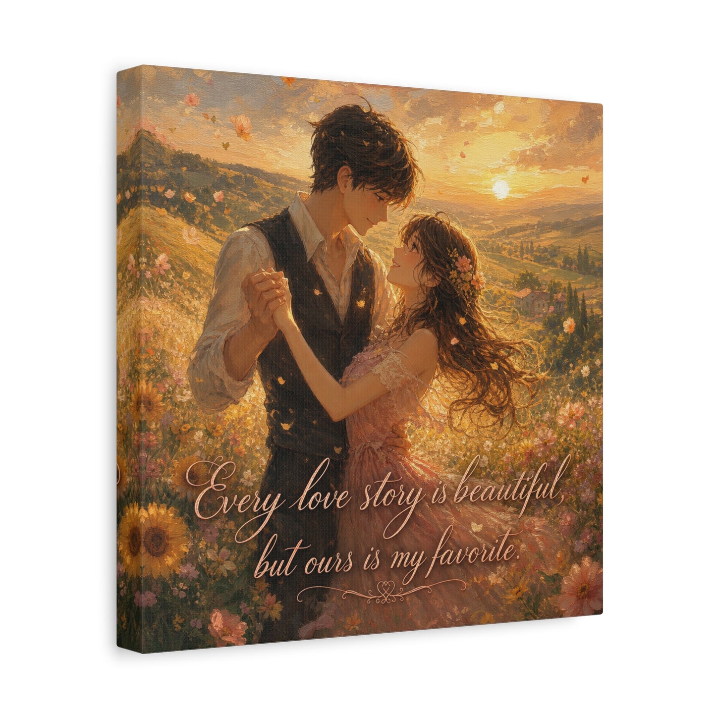 "Every Love Story Is Beautiful, But Ours Is My Favorite" Romantic Couple Canvas Wall Art - Golden Sunset Wildflower Field - Dreamy Rustic Style - Bedroom Wall Decor - Ready to Hang - Ready to Hang