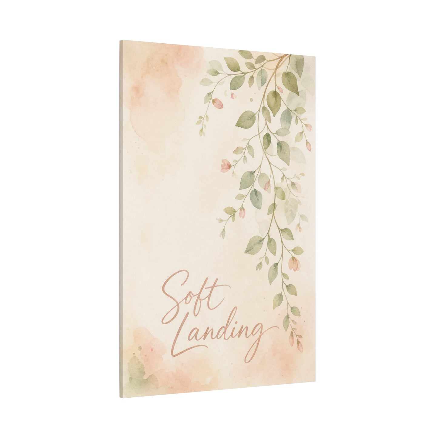 "Soft Landing" Botanical Canvas Wall Art - Watercolor Leaf Branch Quote Print - Blush Sage Floral Typography Decor - Bedroom Wall Hanging - Bedroom Home Decoration - Modern Farmhouse Style