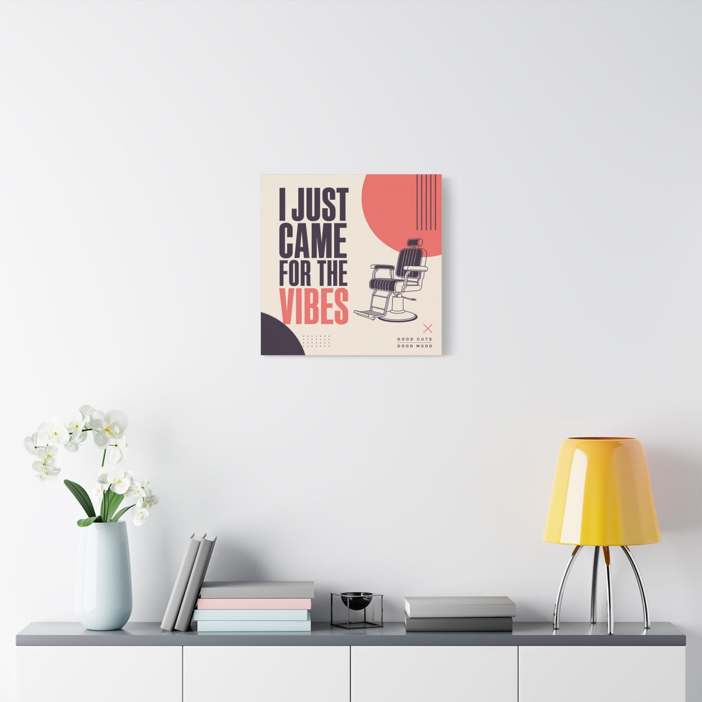 "I Just Came For The Vibes" Typography Canvas Wall Art - Barber Chair Line Illustration, Coral And Black Modern Salon Wall Decor - Minimalist Quote Print For Barbershop Lobby Workspace - Ready to Hang