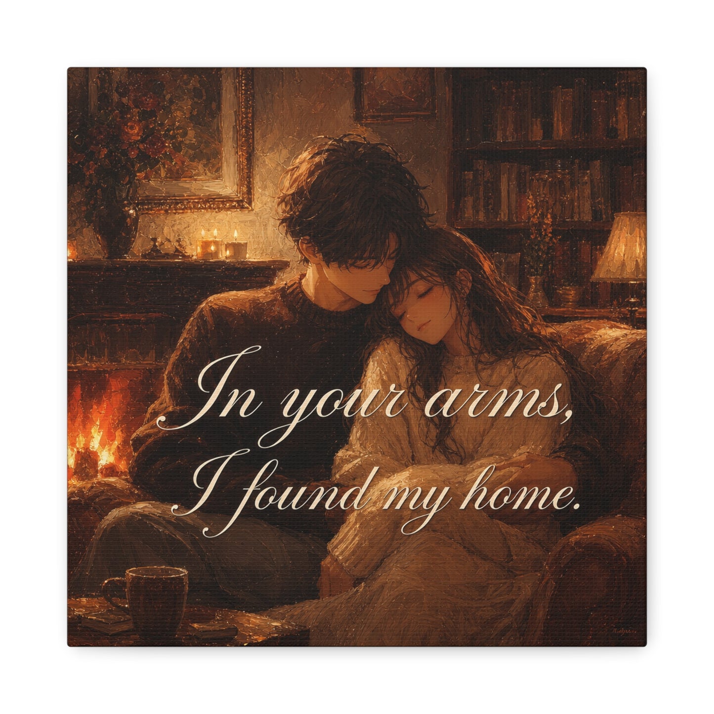 "In Your Arms, I Found My Home" Romantic Couple Canvas Wall Art - Cozy Fireplace Library Scene, Warm Vintage Style - Bedroom Home Decoration, Living Room Accent - Ready to Hang - Office Wall Art