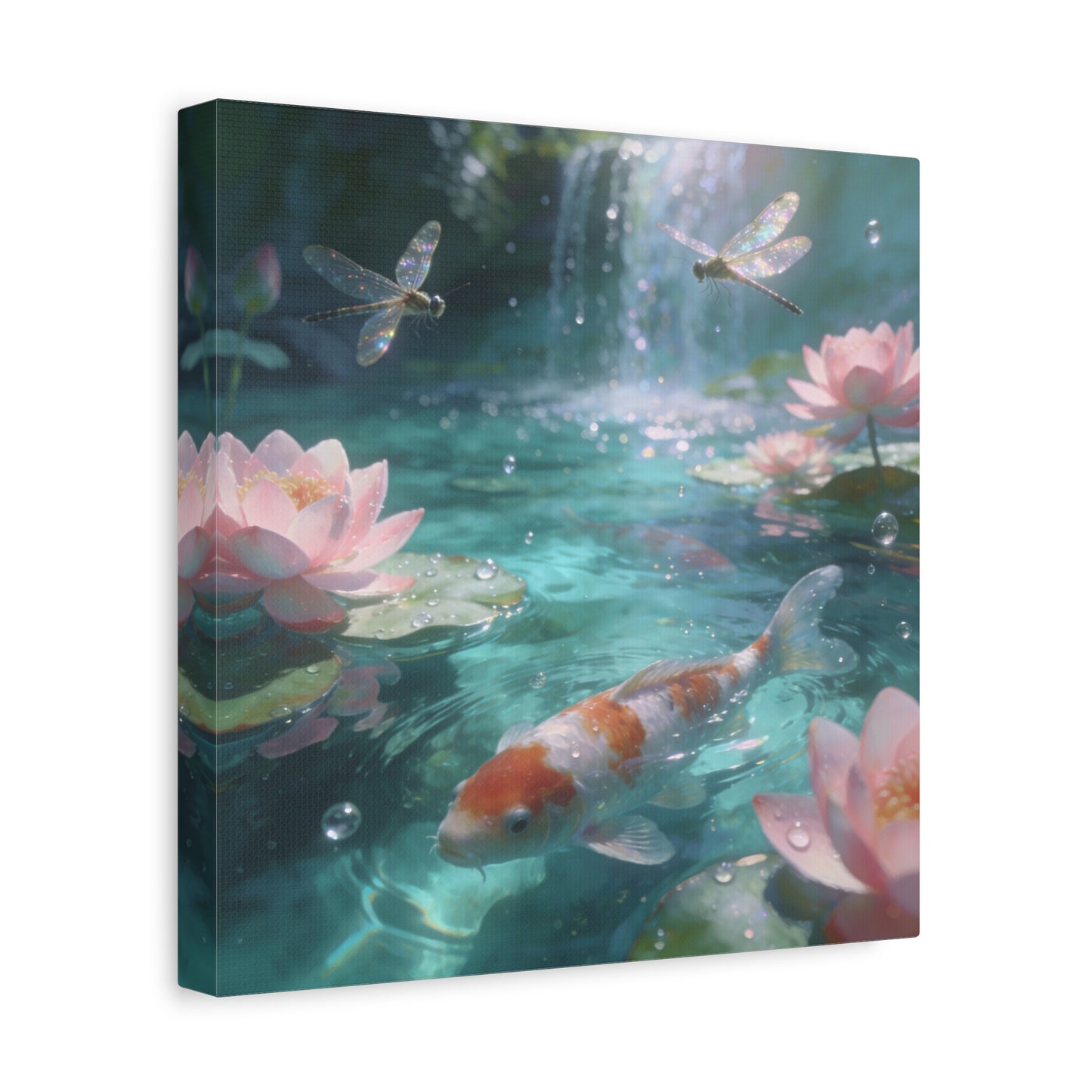 Koi Fish Lotus Canvas Wall Art - Dragonflies Over Teal Pond Water, Pink Water Lily Floral Scene - Dreamy Matte Canvas Print - Bedroom Wall Decor, Living Room Home Accent - Bedroom Home Decoration