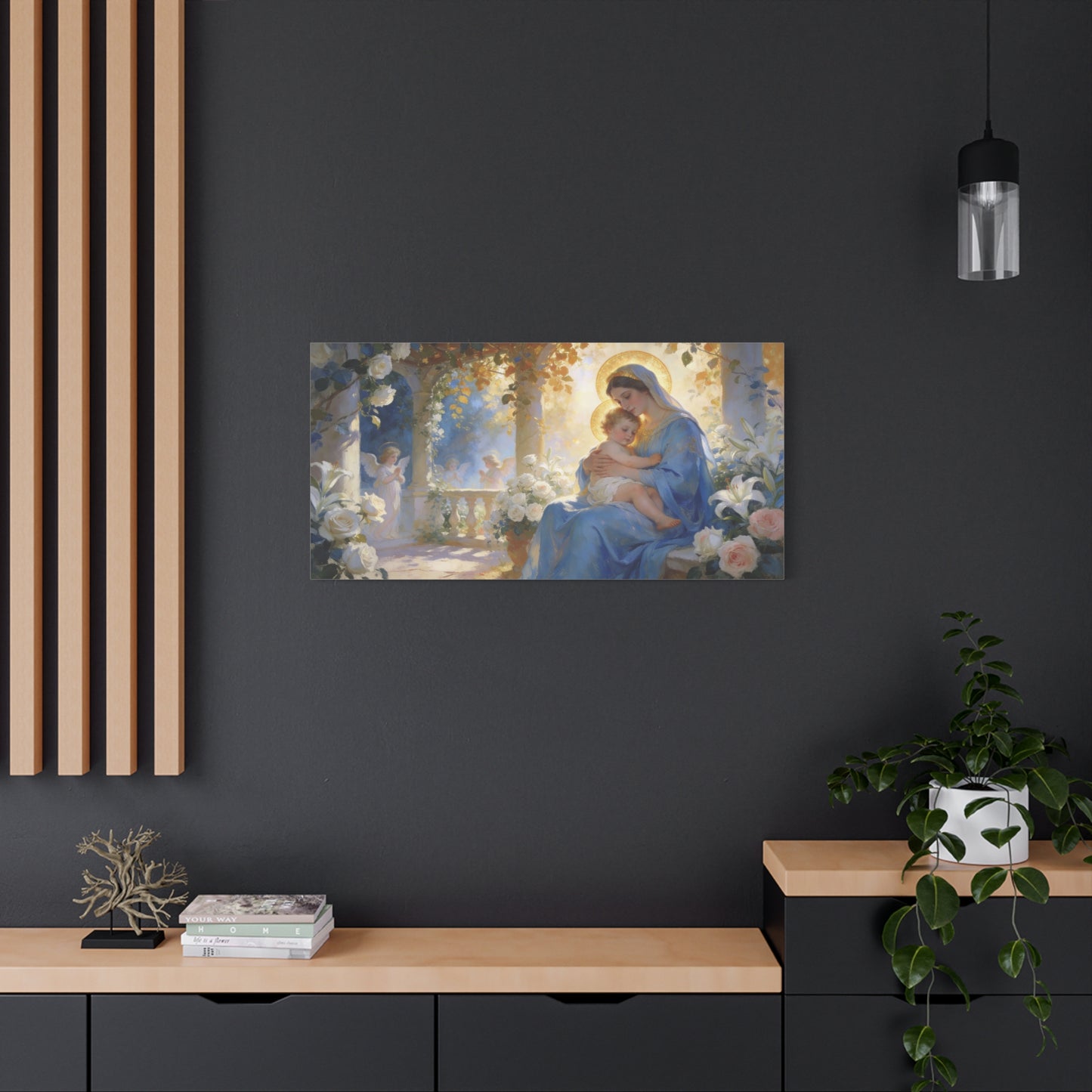 Virgin Mary And Baby Jesus Canvas Wall Art - Religious Madonna Lily Rose Painting - Traditional Blue Gold Sacred Nursery Style - Bedroom Wall Decor, Christian Home Accent - Bedroom Home Decoration