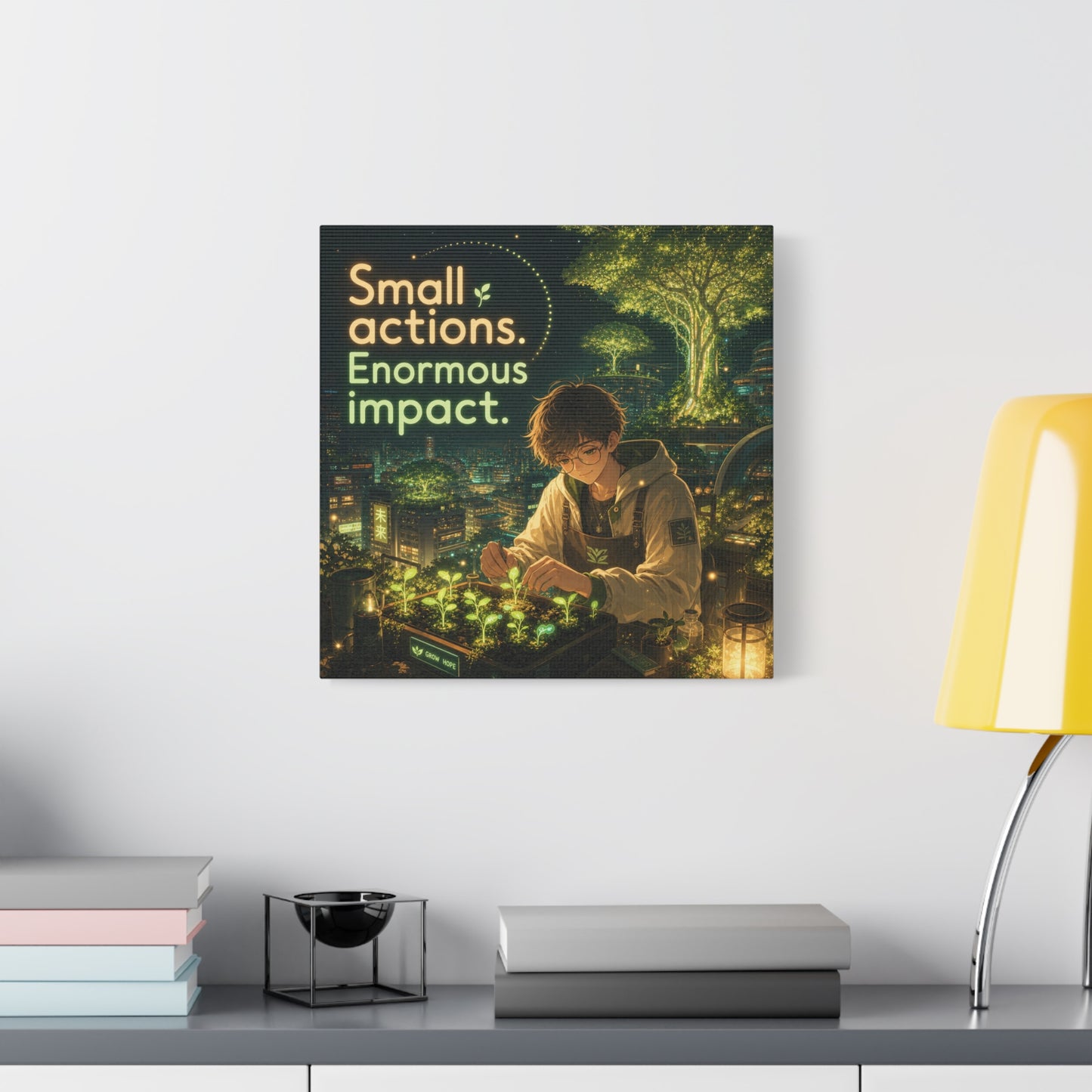"Small Actions. Enormous Impact." Inspirational Canvas Wall Art - Anime Boy Gardening Cityscape - Glowing Green Night Illustration - Bedroom Home Decoration, Home Office Decor - Living Room Wall Decor