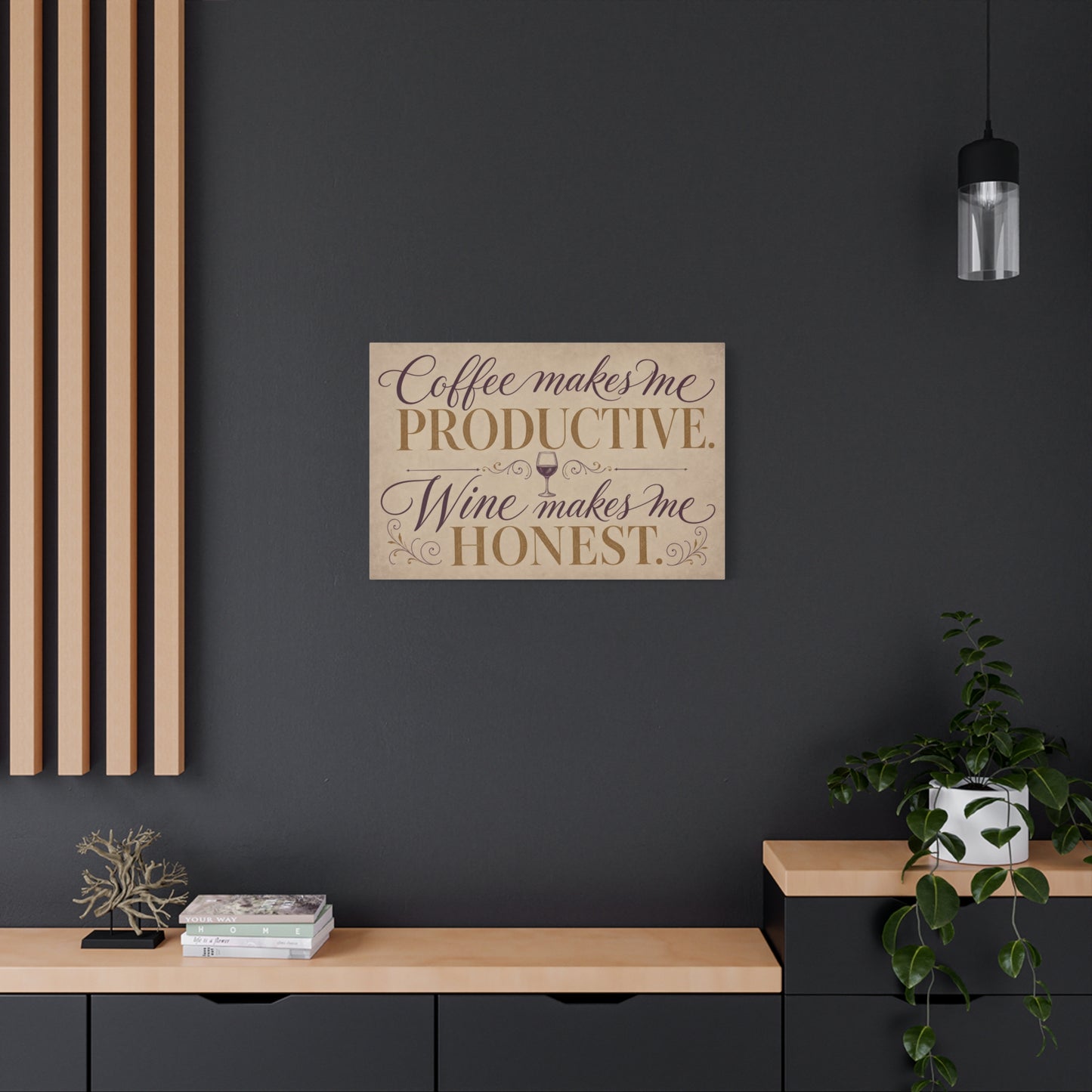 "Coffee Makes Me Productive. Wine Makes Me Honest." Canvas Wall Art - Vintage Typography Decor - Rustic Neutral Quote Print - Bar Cart Accent - Office Wall Art - Coffee Shop Decor - Espresso Bar Sign