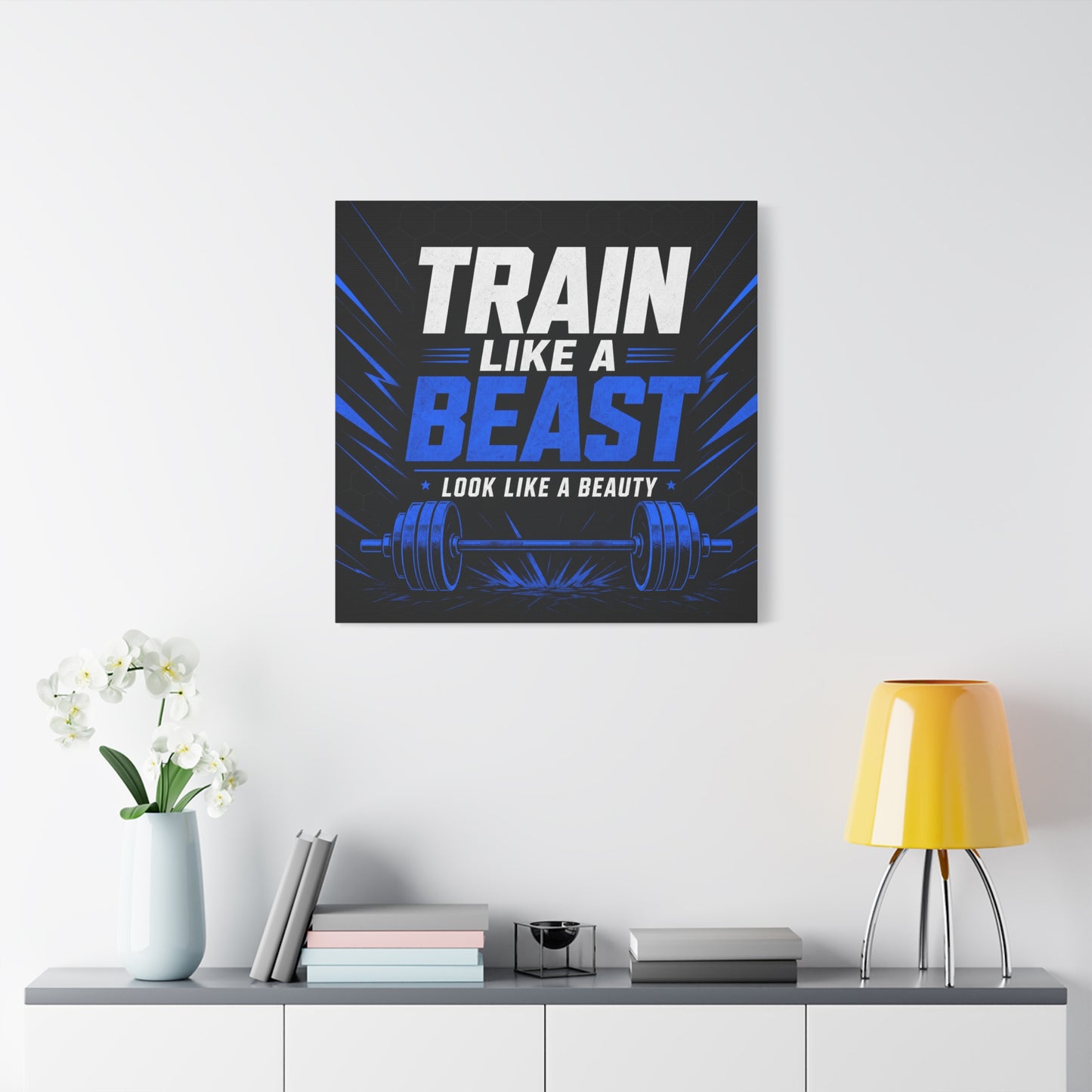 "Train Like A Beast Look Like A Beauty" Gym Canvas Wall Art - Blue Black Barbell Typography Motivational Fitness Decor - Modern Sports Quote Print - Ready to Hang - Living Room Wall Decor