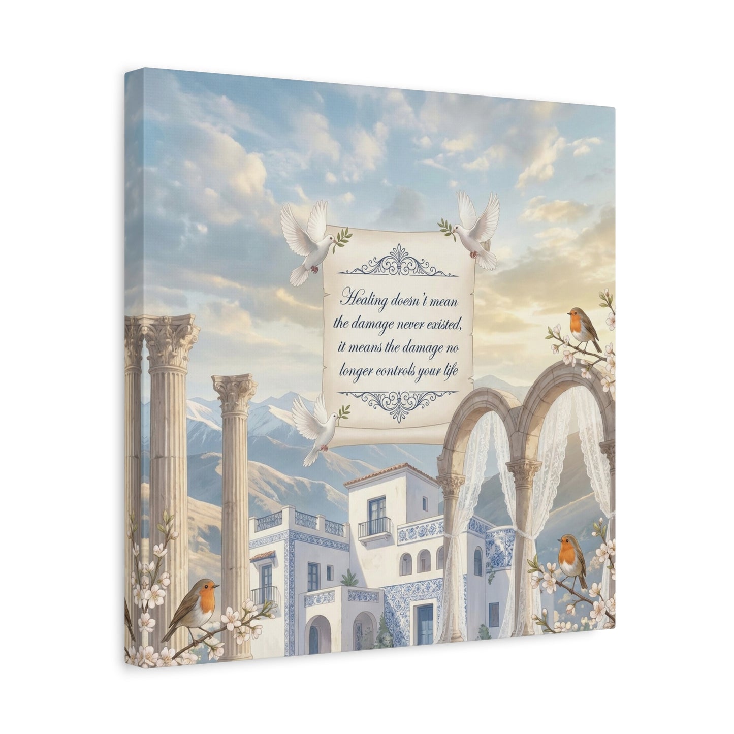 "The Damage No Longer Controls Your Life" Inspirational Canvas Wall Art - Doves, Robins, Classical Arches, Mountain Villa Quote Print - Matte Finish Canvas - Bedroom Home Decoration, Meditation Space