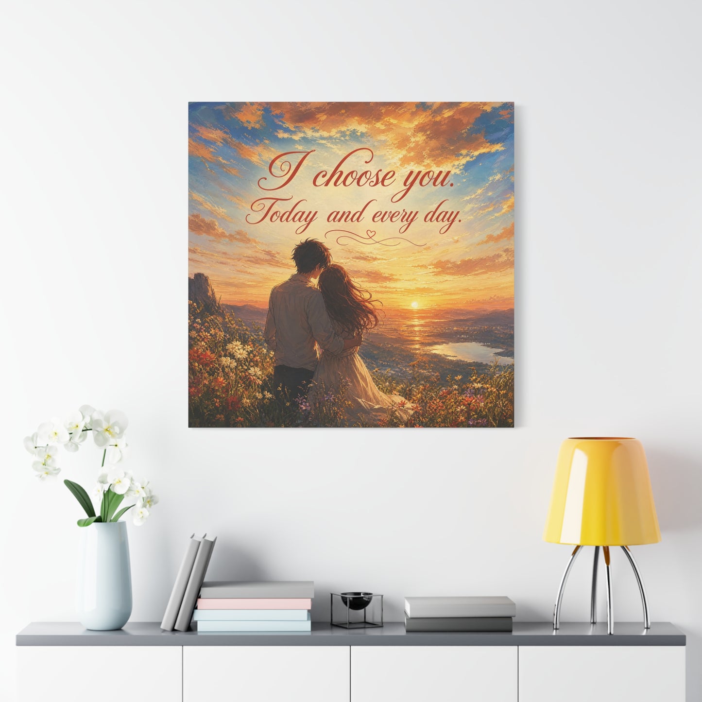 "I Choose You. Today And Every Day." Romantic Couple Canvas Wall Art - Sunset Love Quote Print, Golden Sky Landscape, Bedroom Wall Decor, Living Room Home Decoration - Ready to Hang - Ready to Hang
