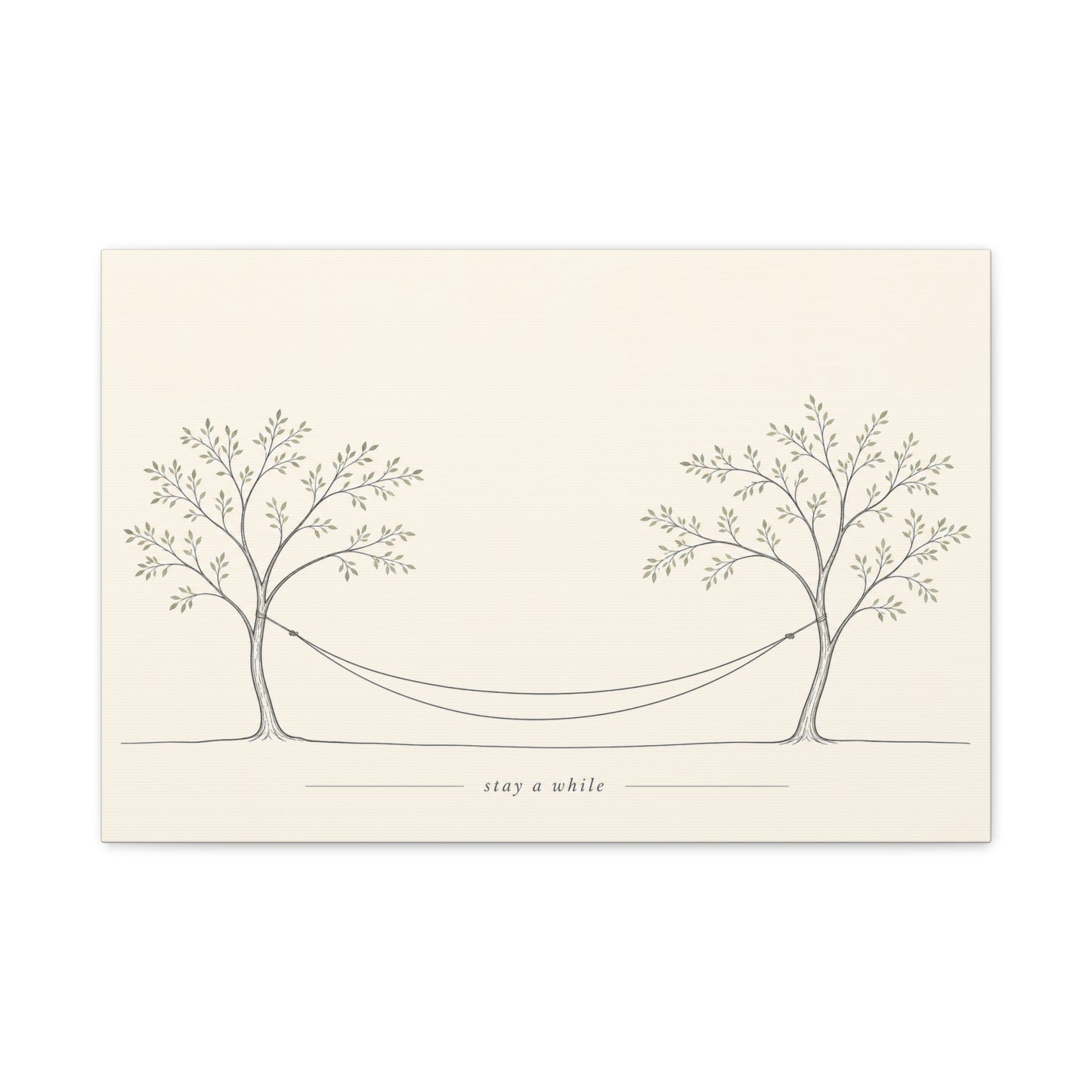 "Stay A While" Hammock Between Trees Canvas Wall Art - Minimalist Botanical Line Drawing, Neutral Beige Cotton Canvas Print - Bedroom Wall Decor, Living Room Home Decoration - Bedroom Home Decoration