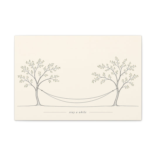 "Stay A While" Hammock Between Trees Canvas Wall Art - Minimalist Botanical Line Drawing, Neutral Beige Cotton Canvas Print - Bedroom Wall Decor, Living Room Home Decoration - Bedroom Home Decoration