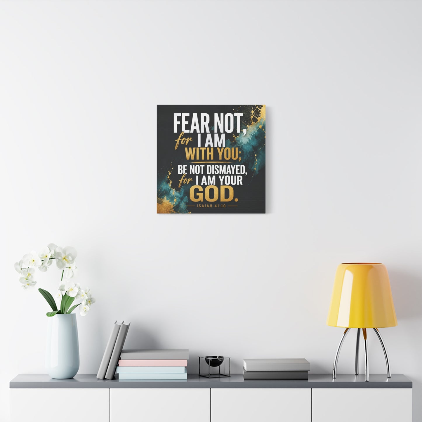 "Fear Not, For I Am With You, Be Not Dismayed, For I Am Your God. Isaiah 41:10" Christian Canvas Wall Art - Teal Gold Scripture Quote Print - Inspirational Bedroom Decor - Living Room Wall Decor