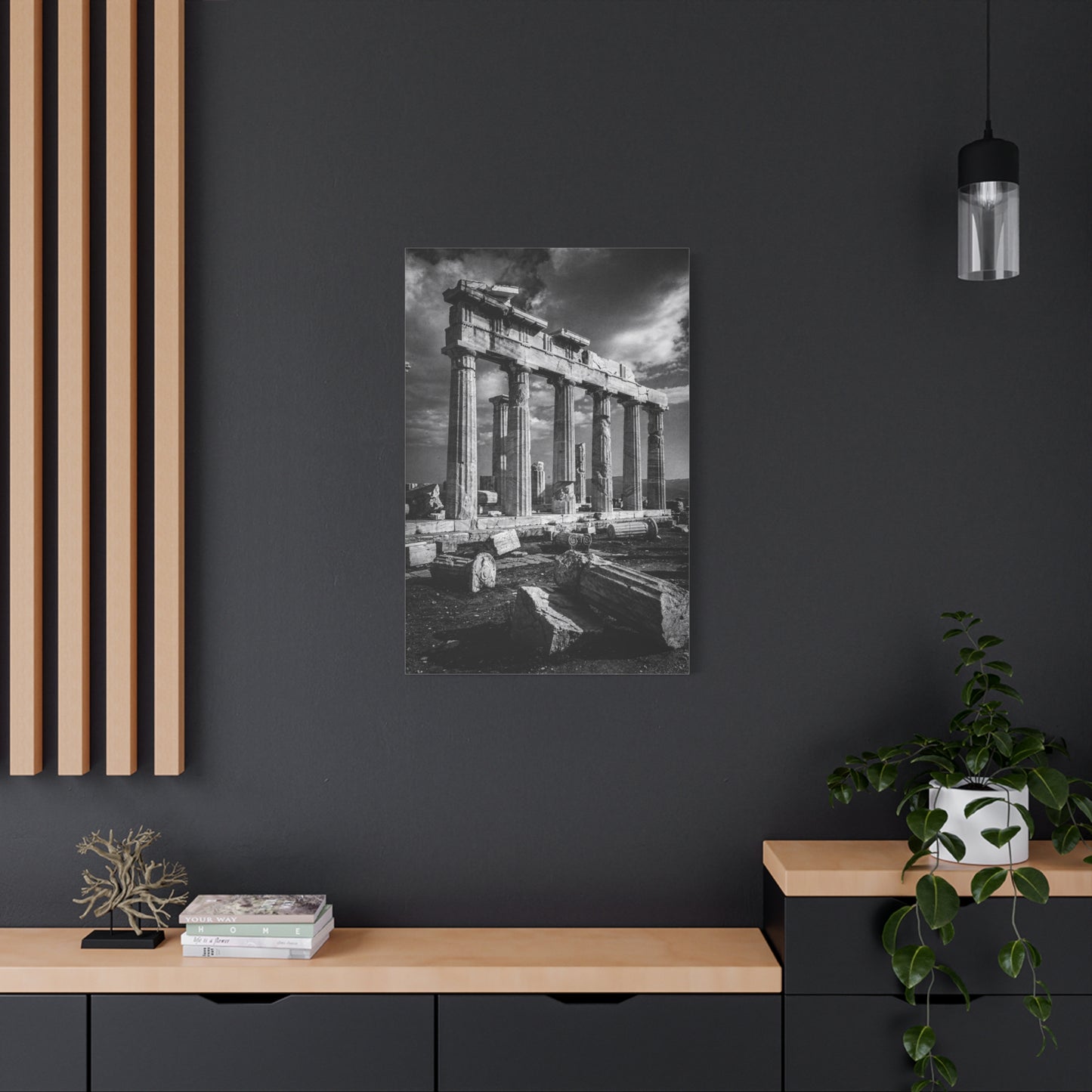 Ancient Greek Temple Ruins Canvas Wall Art - Black And White Architectural Art Print, Dramatic Sky, Vintage Classical Style - Living Room Wall Decor, Office Art Accent - Modern Farmhouse Style