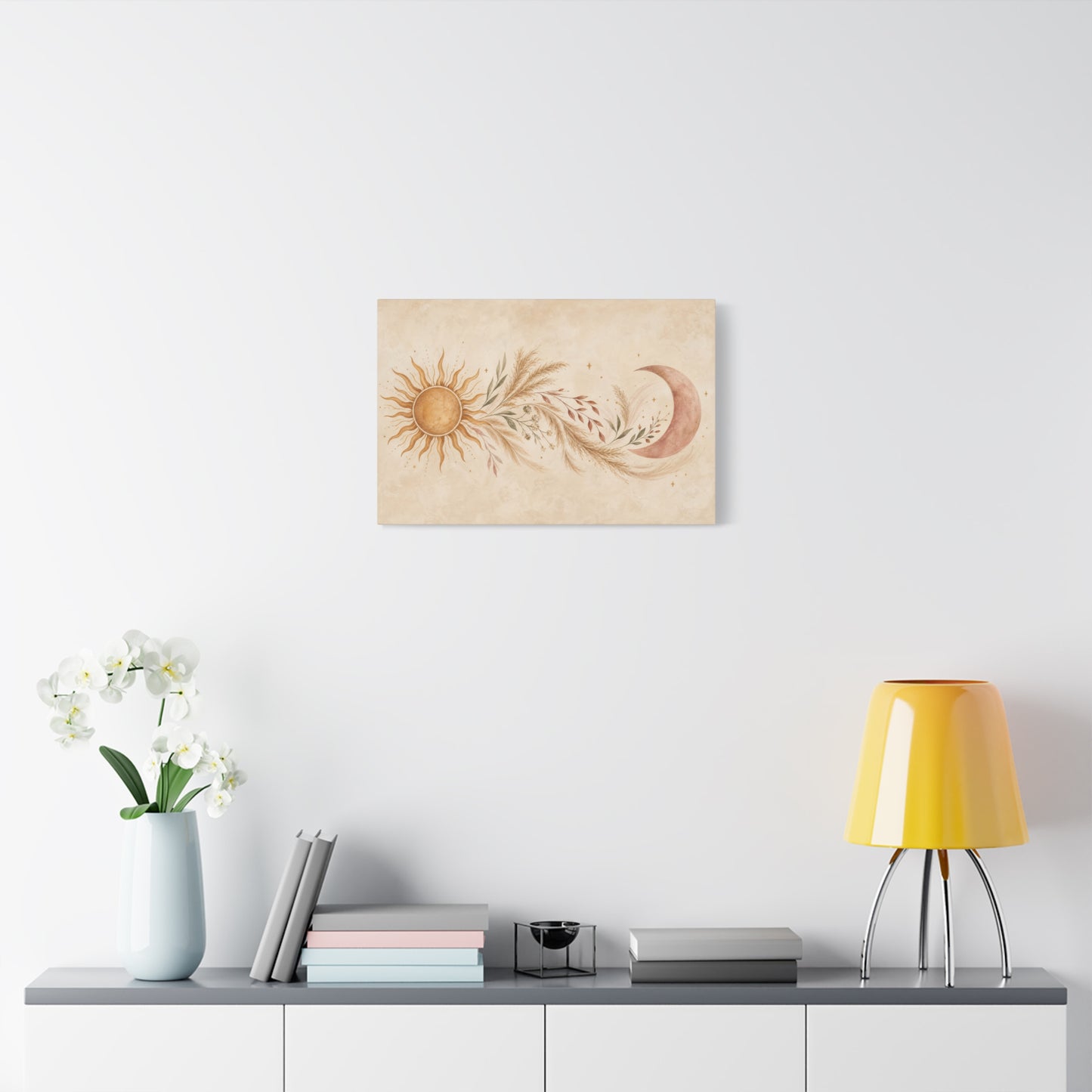Boho Sun And Moon Canvas Wall Art - Celestial Botanical Pampas Grass Print - Neutral Beige Terracotta Modern Bohemian Decor - Bedroom Living Room Wall Decor - Meditation Space Accent - Ready to Hang