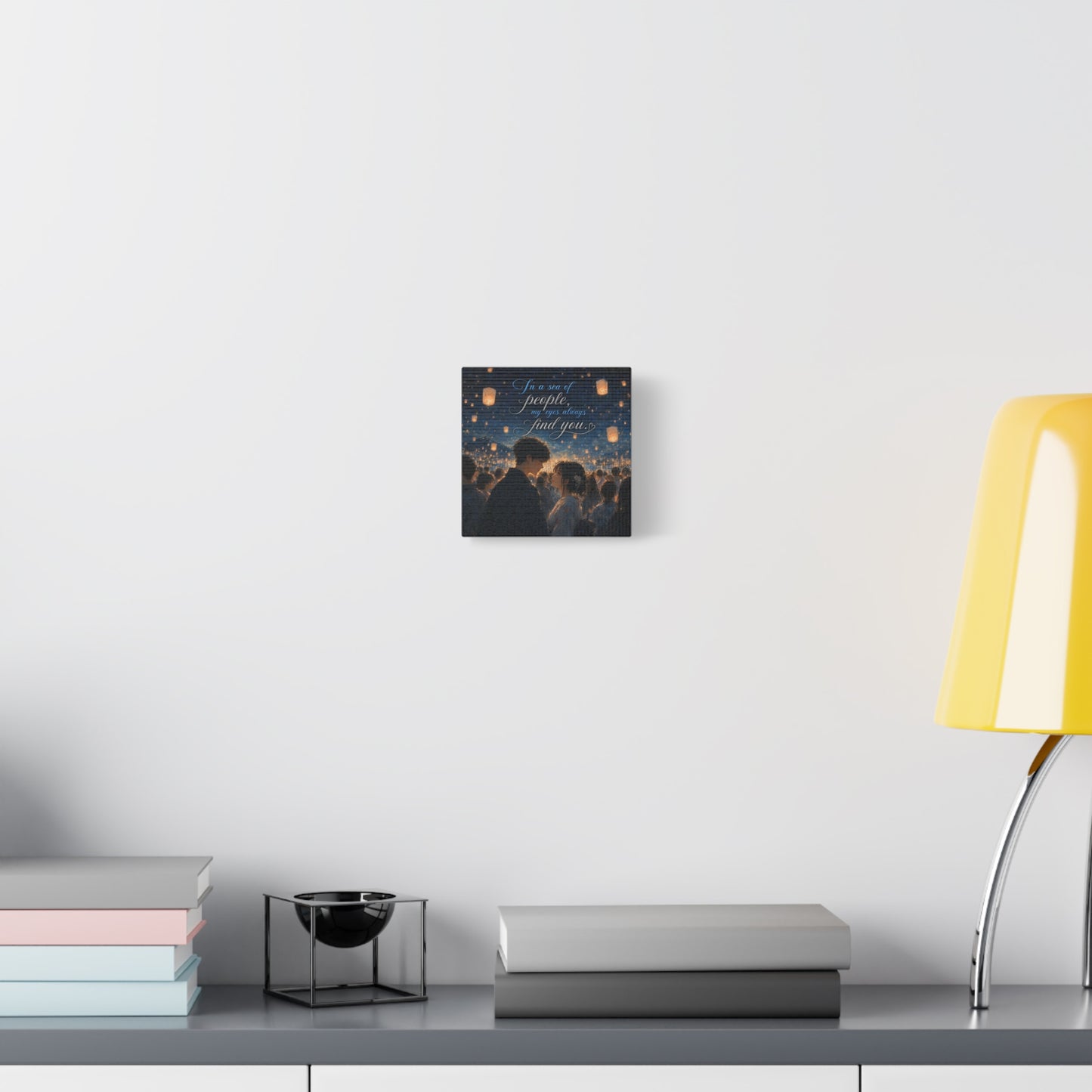 "In A Sea Of People, My Eyes Always Find You." Couple Canvas Wall Art - Romantic Lantern Night Scene, Blue Gold Typography Print, Bedroom Decor - Bedroom Home Decoration - Living Room Wall Decor
