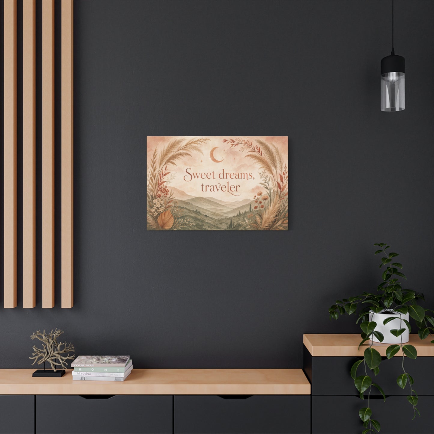 "Sweet Dreams, Traveler" Canvas Wall Art - Boho Moon Mountain Landscape Print - Neutral Botanical Bedroom Decor - Rustic Contemporary Wall Hanging - Ready to Hang - Bedroom Home Decoration