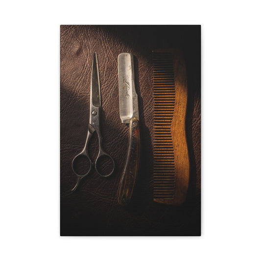 Vintage Barber Tools Canvas Wall Art - Scissors, Straight Razor, Wooden Comb Still Life - Rustic Art Print - Traditional Barbershop Decor, Salon Wall Accent, Home Office Display