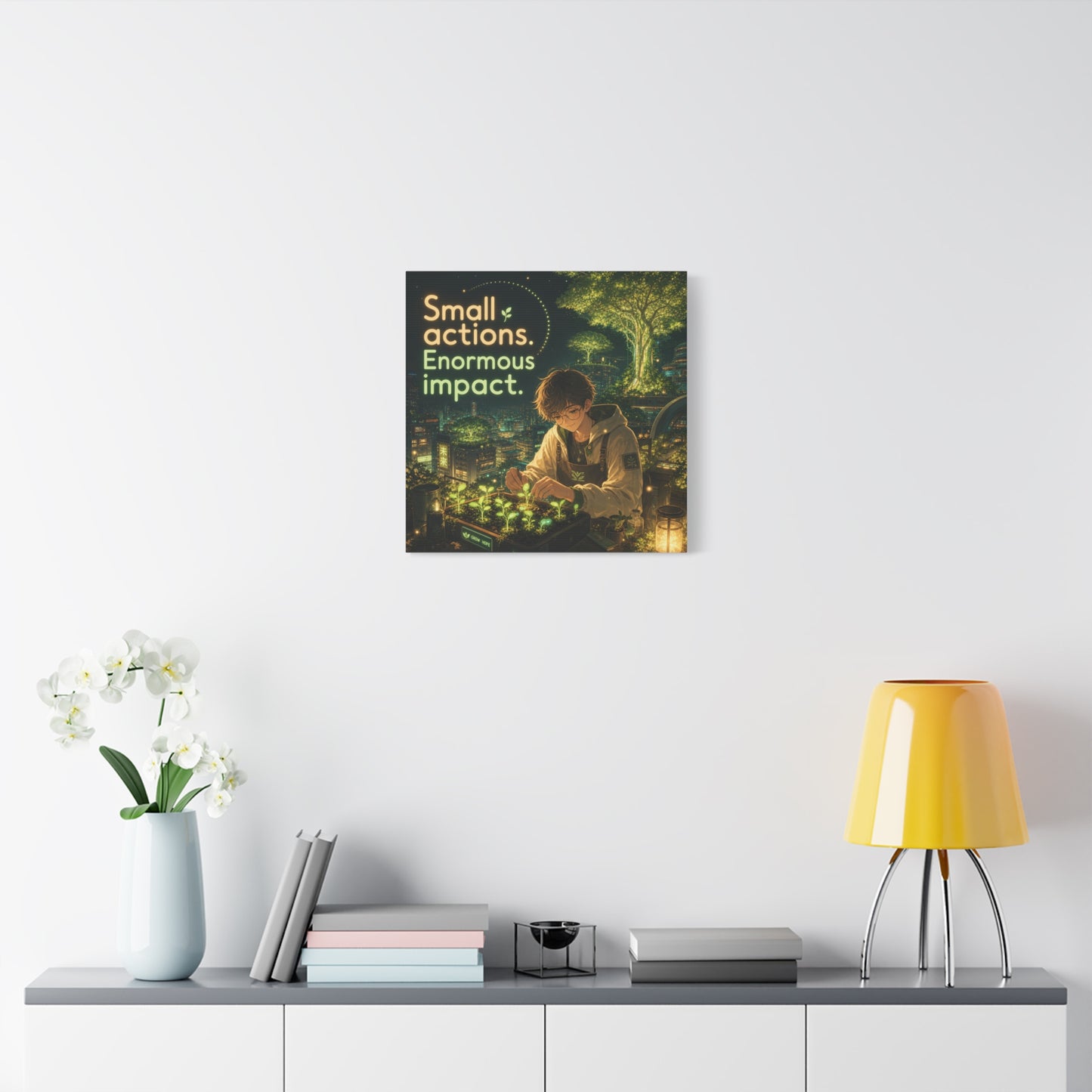 "Small Actions. Enormous Impact." Inspirational Canvas Wall Art - Anime Boy Gardening Cityscape - Glowing Green Night Illustration - Bedroom Home Decoration, Home Office Decor - Living Room Wall Decor