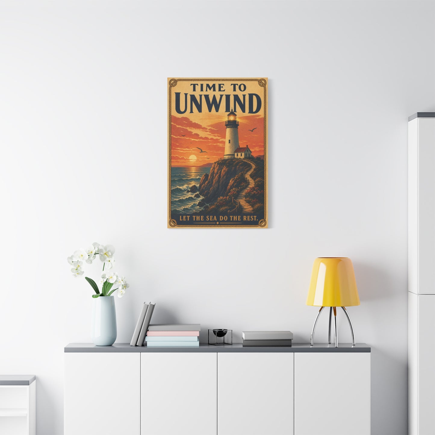 "Time To Unwind Let The Sea Do The Rest" Lighthouse Canvas Wall Art - Vintage Coastal Sunset Seascape Print, Nautical Home Decor, Bedroom Living Room Decoration, Beach House Style - Office Wall Art