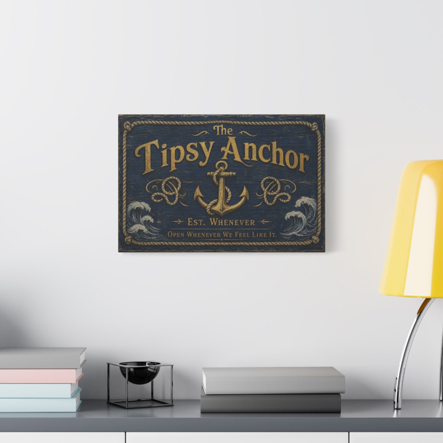 "The Tipsy Anchor" Canvas Wall Art - "Est. Whenever Open Whenever We Feel Like It." Nautical Anchor Sign, Vintage Coastal Wall Decor, Rustic Navy Gold Typography For Bar - Ready to Hang