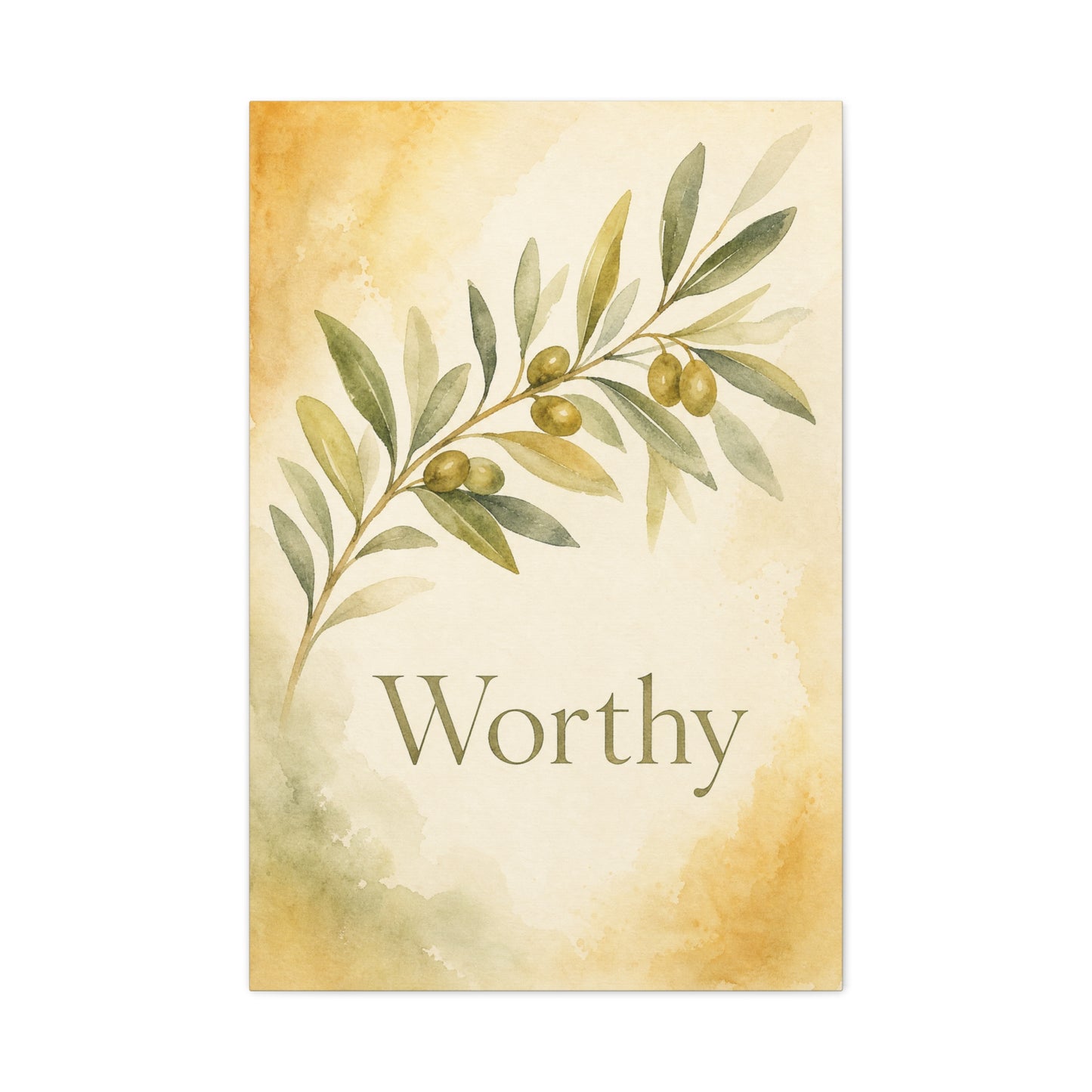 "Worthy" Olive Branch Canvas Wall Art - Botanical Inspirational Wall Decor - Watercolor Sage Gold Canvas Print - Bedroom Living Room Decoration - Ready to Hang - Bedroom Home Decoration