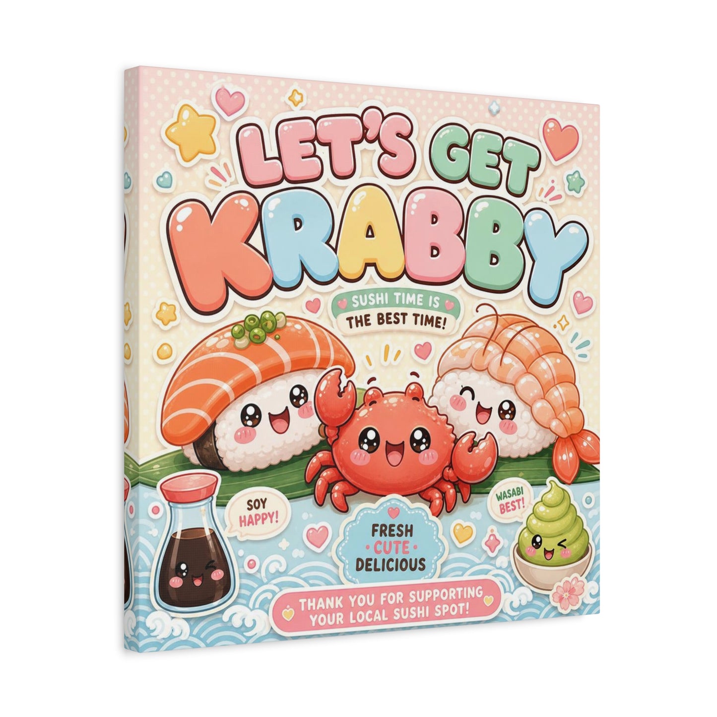 "Let's Get Krabby" Sushi Quote Canvas Wall Art - Kawaii Salmon Nigiri Shrimp Crab Illustration - Pastel Typography - Cafe Wall Decor, Restaurant Wall Hanging, Cute Food Sign - Reception Area Decor