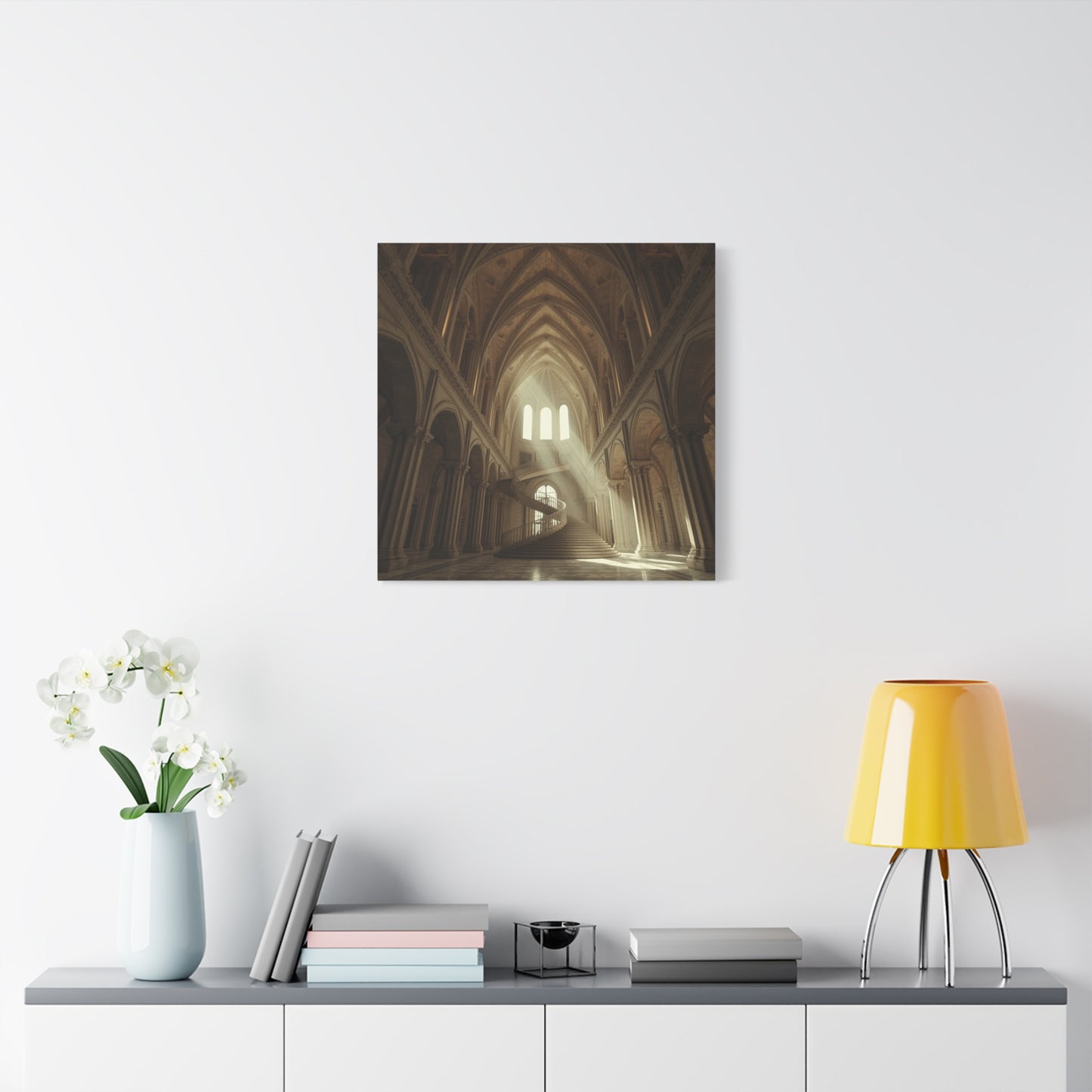 Gothic Cathedral Interior Canvas Wall Art - Sunlit Spiral Staircase, Religious Architecture Print - Matte Cotton Canvas - Traditional Style - Living Room Wall Decor, Office Art - Ready to Hang