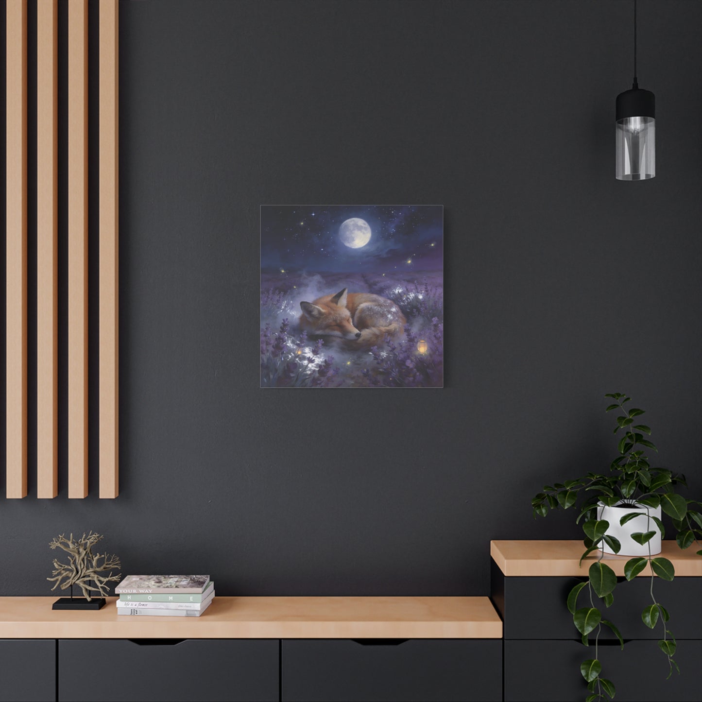 Sleeping Red Fox Canvas Wall Art - Moonlit Lavender Field, Fireflies, Starry Night Sky - Dreamy Woodland Animal Print - Matte Finish Canvas - Bedroom Wall Decor, Nursery Accent - Cozy Reading Nook Art
