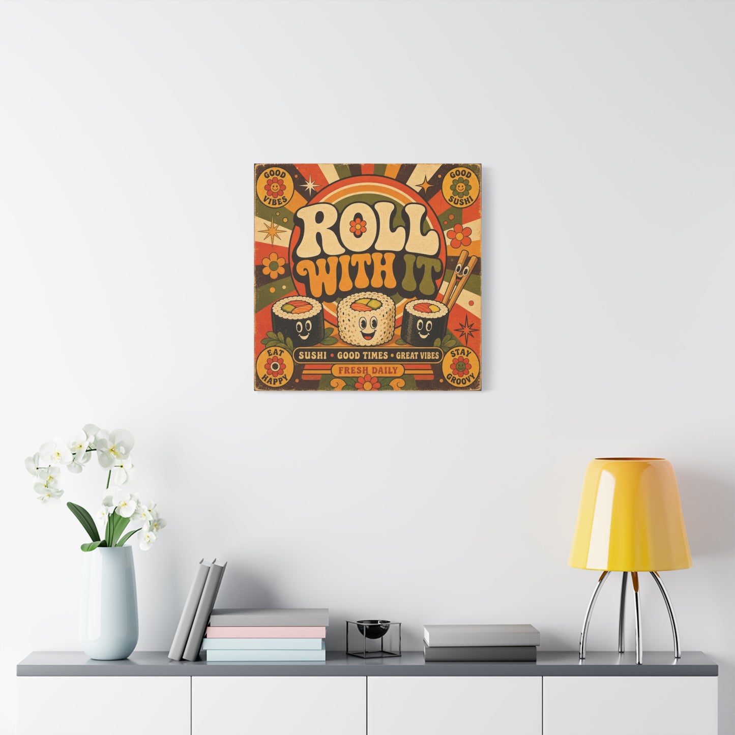 "Roll With It" Sushi Canvas Wall Art - Retro Typography Food Illustration, Groovy Orange Green Bohemian Print, Cafe Wall Decor, Kitchen Room Decoration, Vintage Poster Style - Bedroom Home Decoration