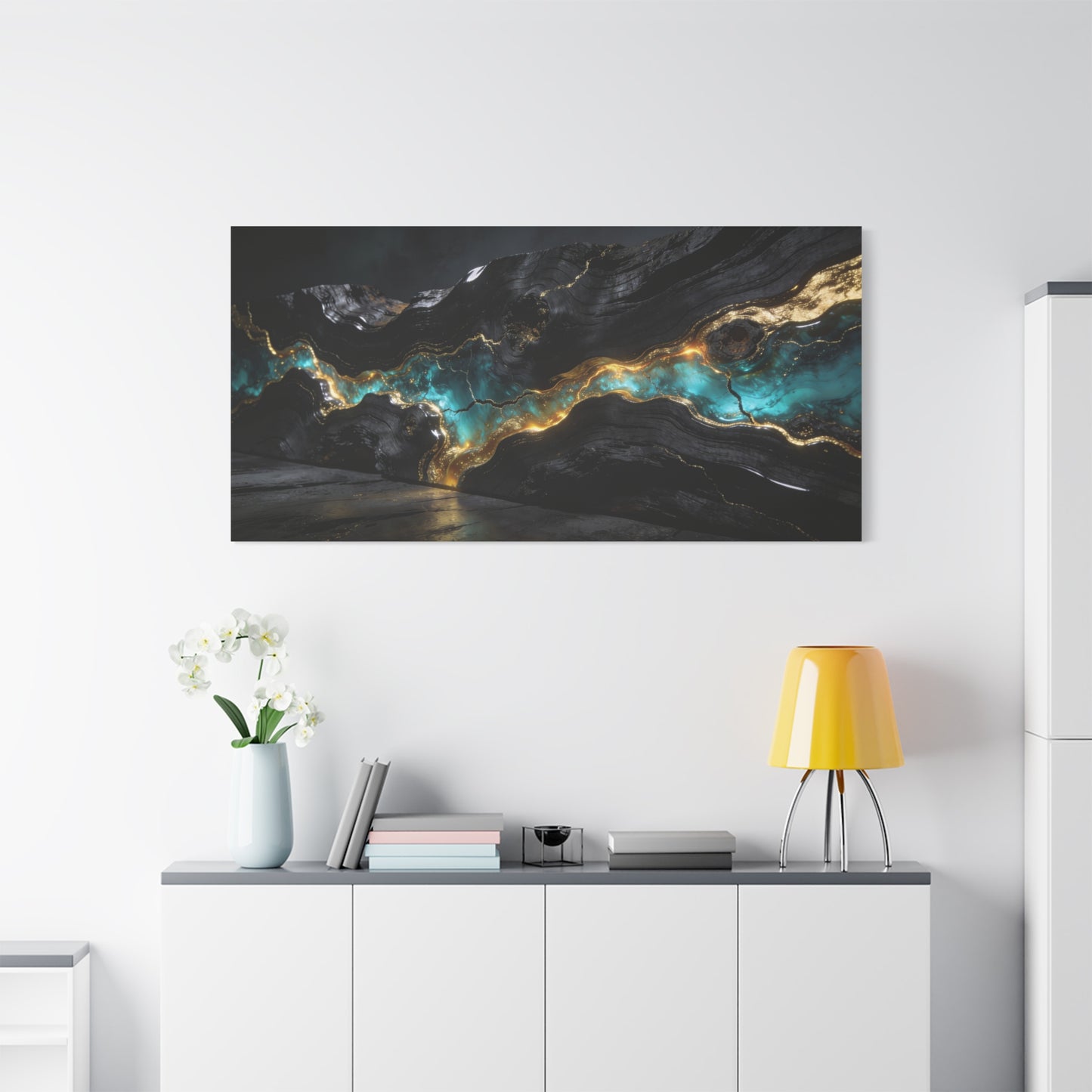 Abstract Black Gold Teal Canvas Wall Art - Modern Geode Marble Flow Design - Matte Cotton Art Print - Contemporary Living Room Wall Decor, Office Wall Art, Bedroom Decoration - Bedroom Home Decoration