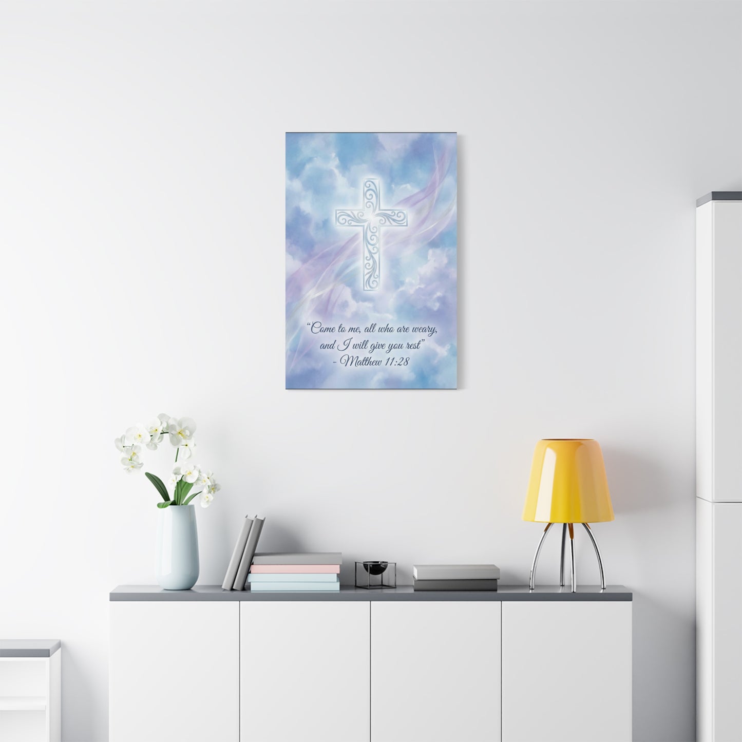 "Come To Me, All Who Are Weary, And I Will Give You Rest" Cross Canvas Wall Art - Matthew 11:28 Scripture Decor, Traditional Christian Wall Hanging, Serene Bedroom Living Room Accent - Ready to Hang
