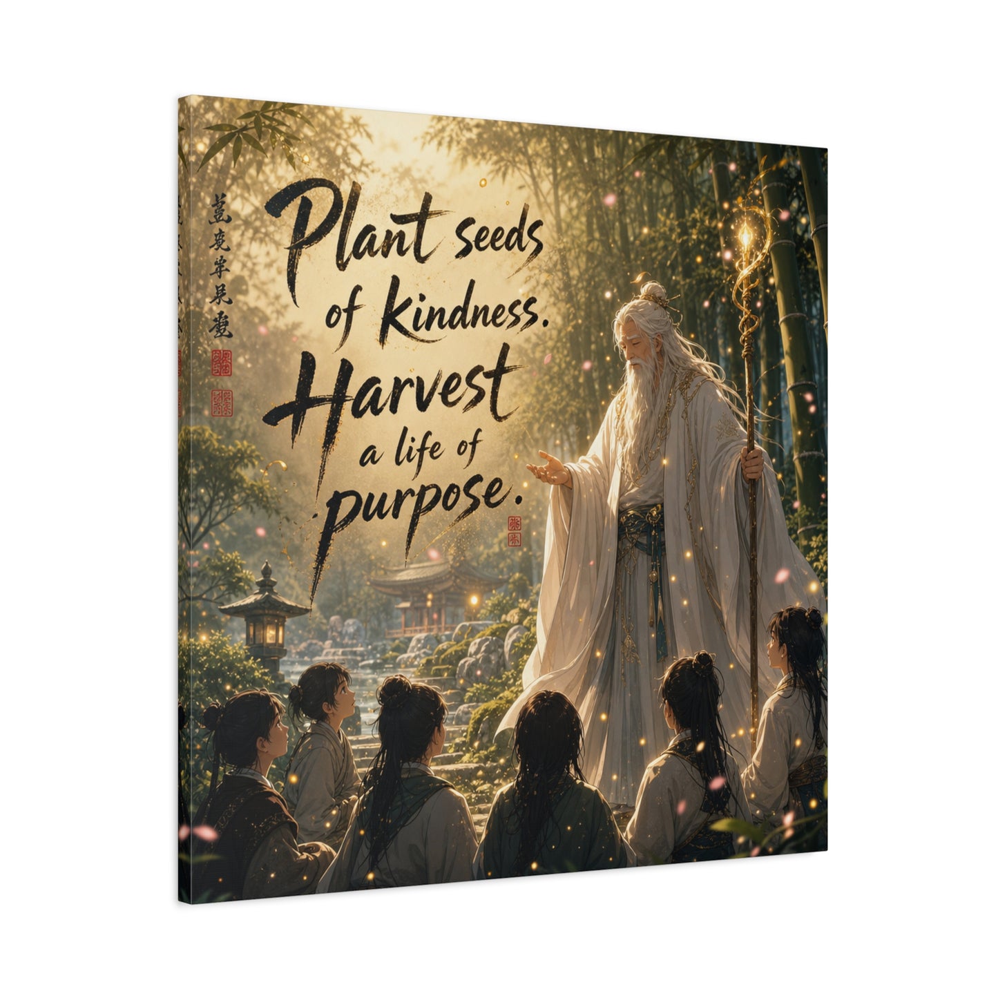 "Plant Seeds Of Kindness. Harvest A Life Of Purpose." Zen Canvas Wall Art - Wise Elder In Bamboo Garden, Inspirational Typography Print - Traditional Style, Bedroom Meditation Decor - Office Wall Art