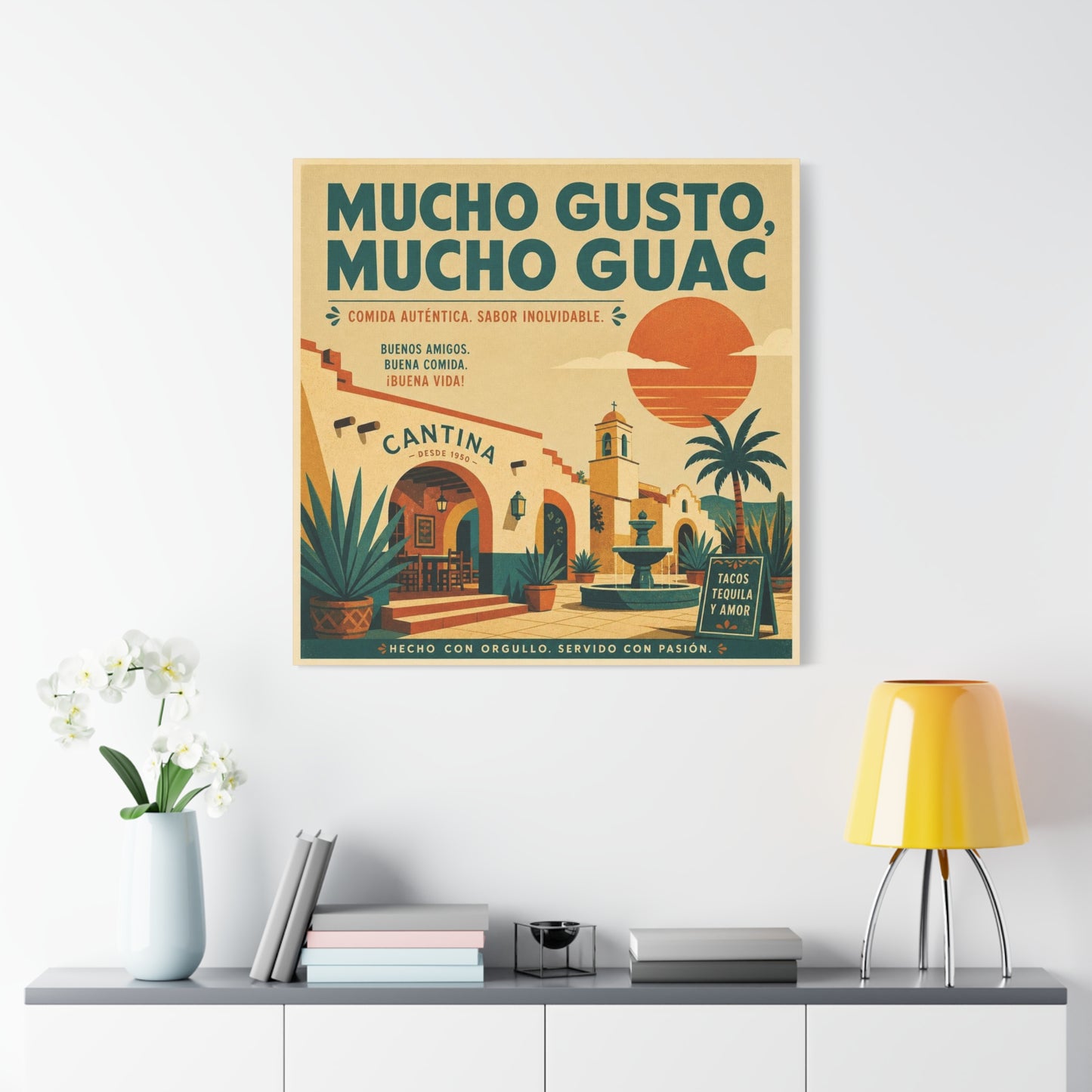 "Mucho Gusto, Mucho Guac" Cantina Canvas Wall Art - Mexican Restaurant Typography Print, Vintage Desert Courtyard Illustration, Cafe Wall Decor, Tequila Bar Sign, Workspace Accent - Ready to Hang