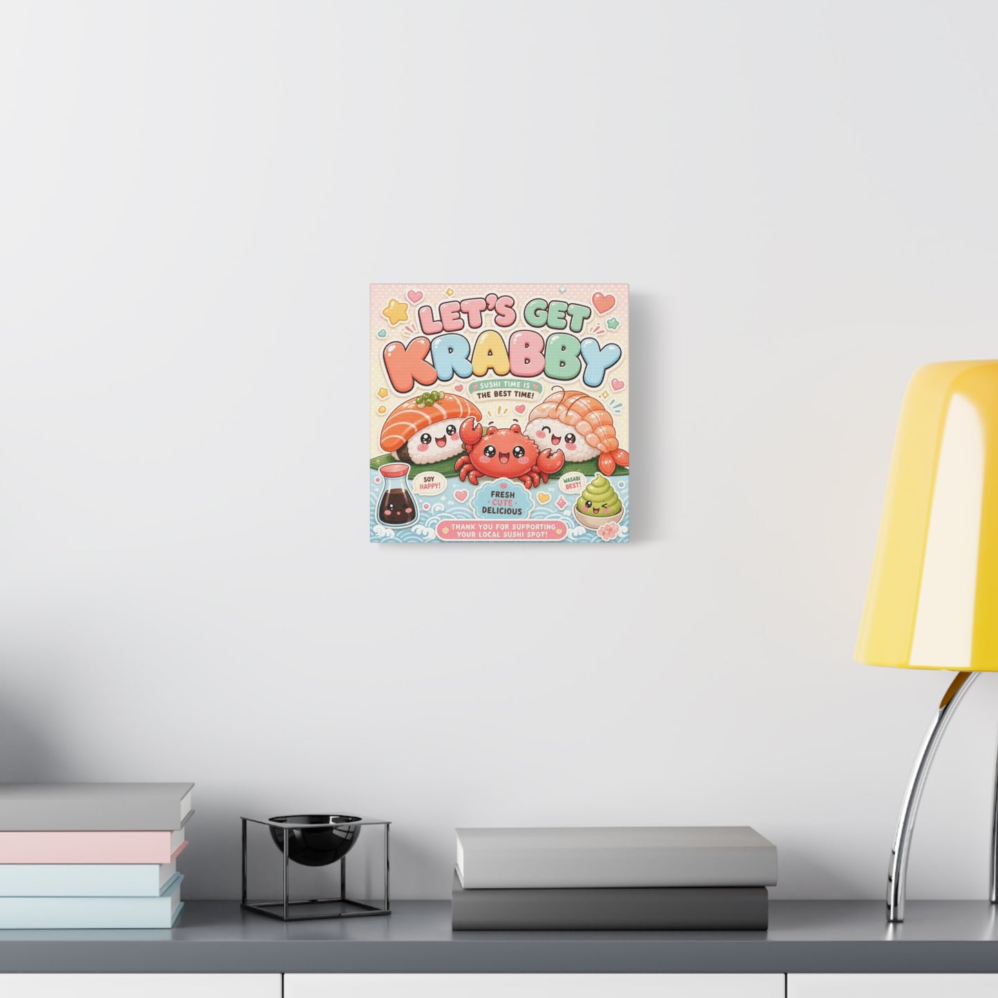 "Let's Get Krabby" Sushi Quote Canvas Wall Art - Kawaii Salmon Nigiri Shrimp Crab Illustration - Pastel Typography - Cafe Wall Decor, Restaurant Wall Hanging, Cute Food Sign - Reception Area Decor