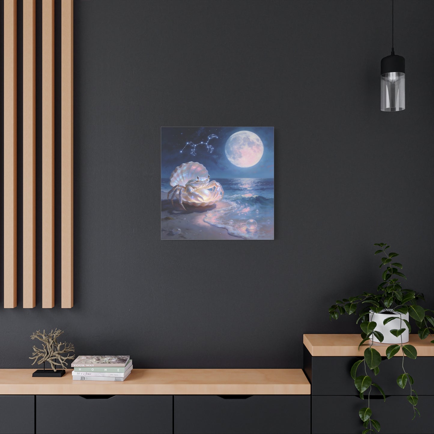 Moonlit Crab Canvas Wall Art - Zodiac Cancer Seascape, Pearl Shell Ocean Night Decor - Dreamy Coastal Illustration, capiz shells wall decor, Bedroom Home Decoration - Bedroom Home Decoration