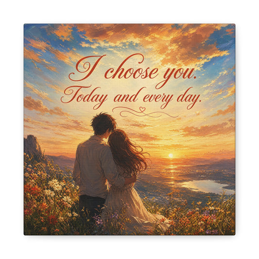 "I Choose You. Today And Every Day." Romantic Couple Canvas Wall Art - Sunset Love Quote Print, Golden Sky Landscape, Bedroom Wall Decor, Living Room Home Decoration - Ready to Hang - Ready to Hang
