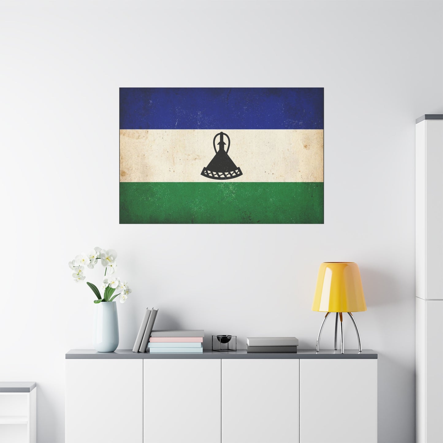 Lesotho Flag Canvas Wall Art - Vintage Blue White Green Tricolor With Basotho Hat Emblem, Distressed National Banner Print - Rustic Patriotic Decor For Living Room Bedroom Office - Office Wall Art