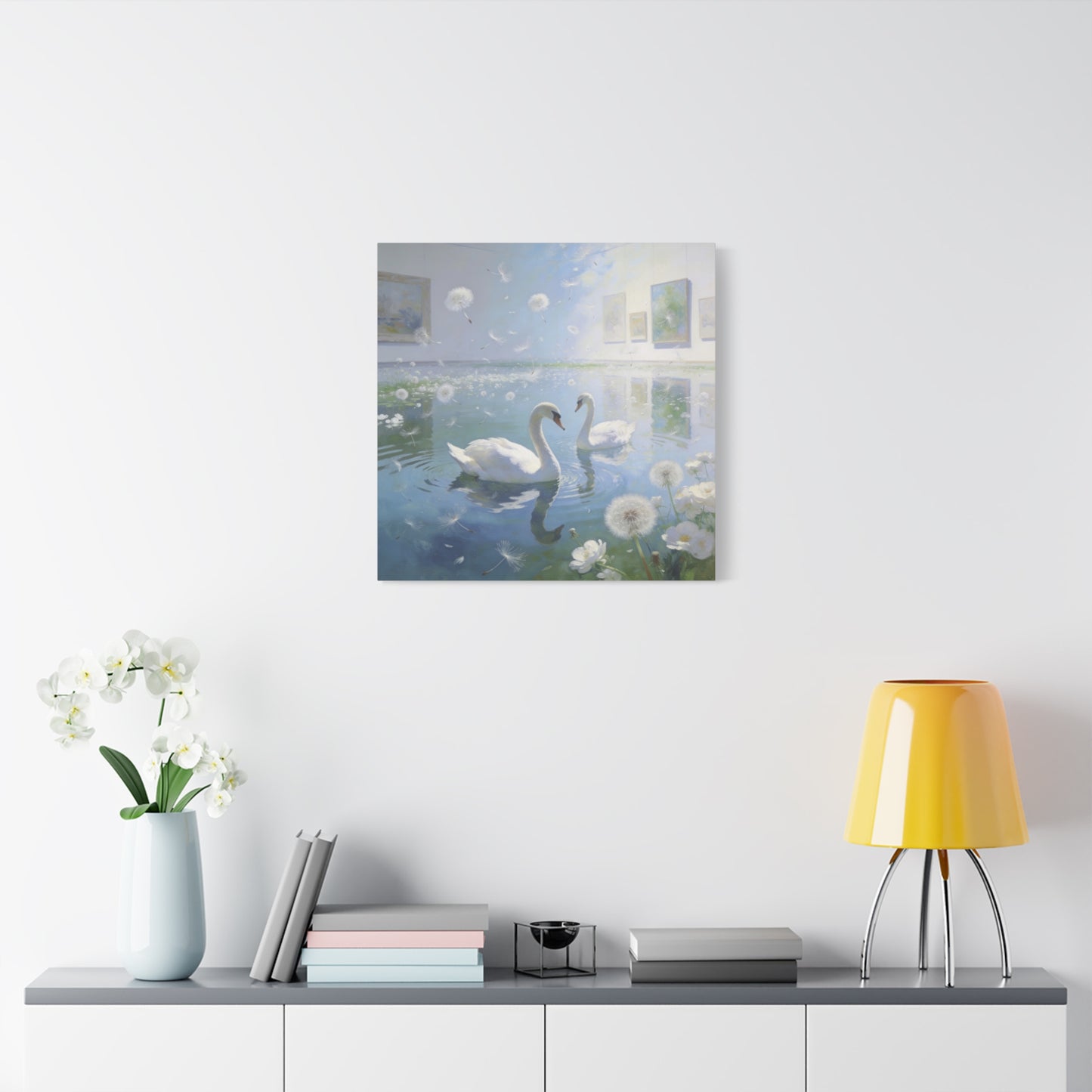 White Swan Canvas Wall Art - Serene Pond With Dandelion Seeds, Soft Blue Water Reflection - Dreamy Traditional Style - Living Room Wall Decor, Bedroom Home Decoration, Office Art - Ready to Hang