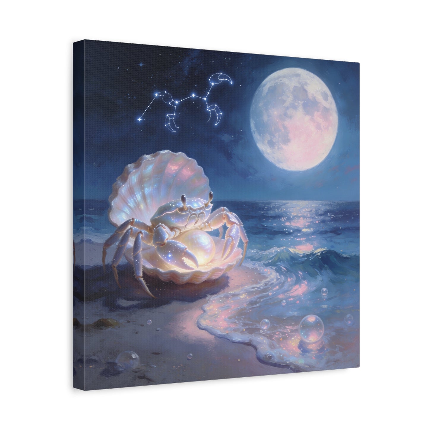 Moonlit Crab Canvas Wall Art - Zodiac Cancer Seascape, Pearl Shell Ocean Night Decor - Dreamy Coastal Illustration, capiz shells wall decor, Bedroom Home Decoration - Bedroom Home Decoration