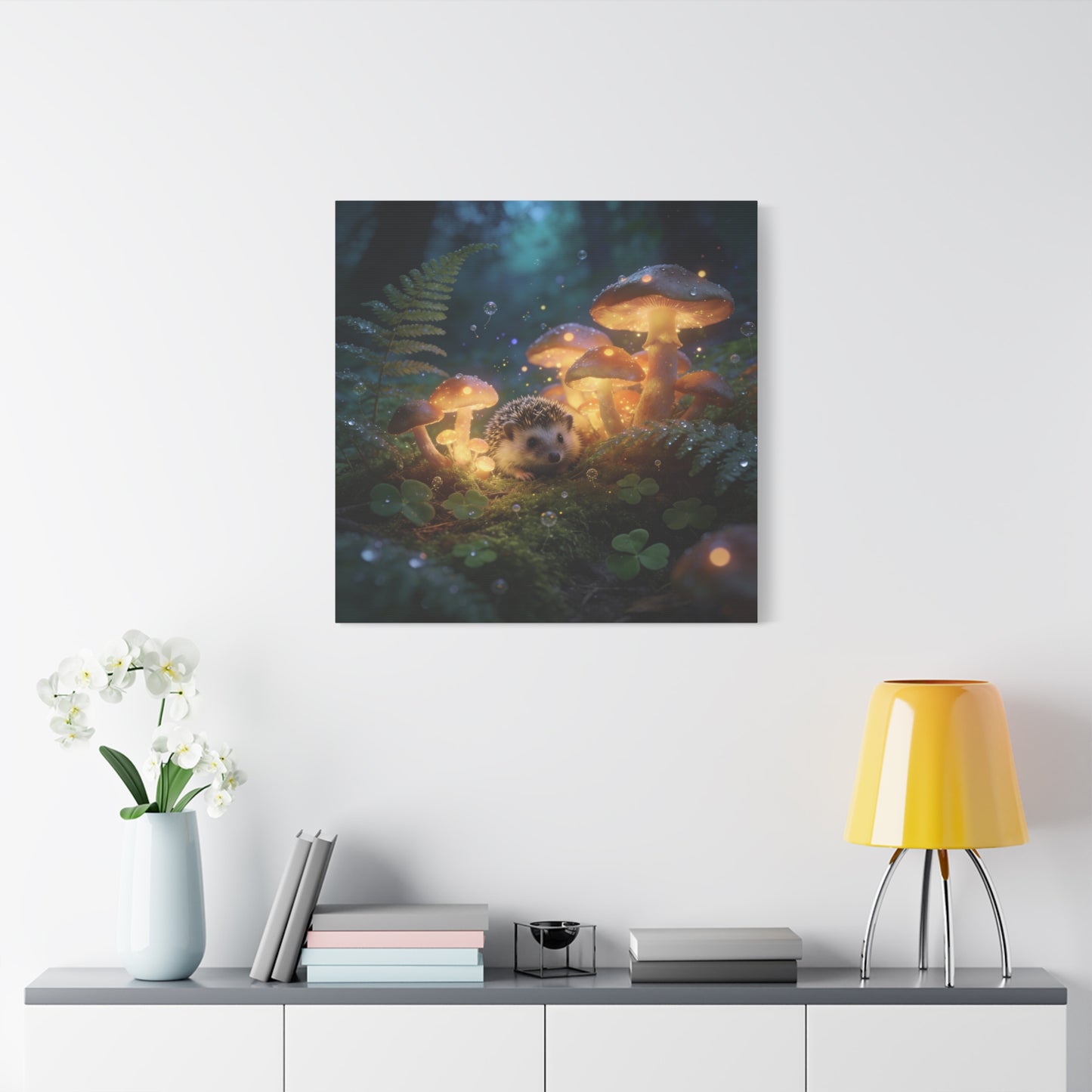 Hedgehog Mushroom Canvas Wall Art - Glowing Forest Fantasy Animal Print - Matte Cotton Art Print, Whimsical Woodland Style - Bedroom Wall Decor, Nursery Home Decoration Accent - Modern Farmhouse Style