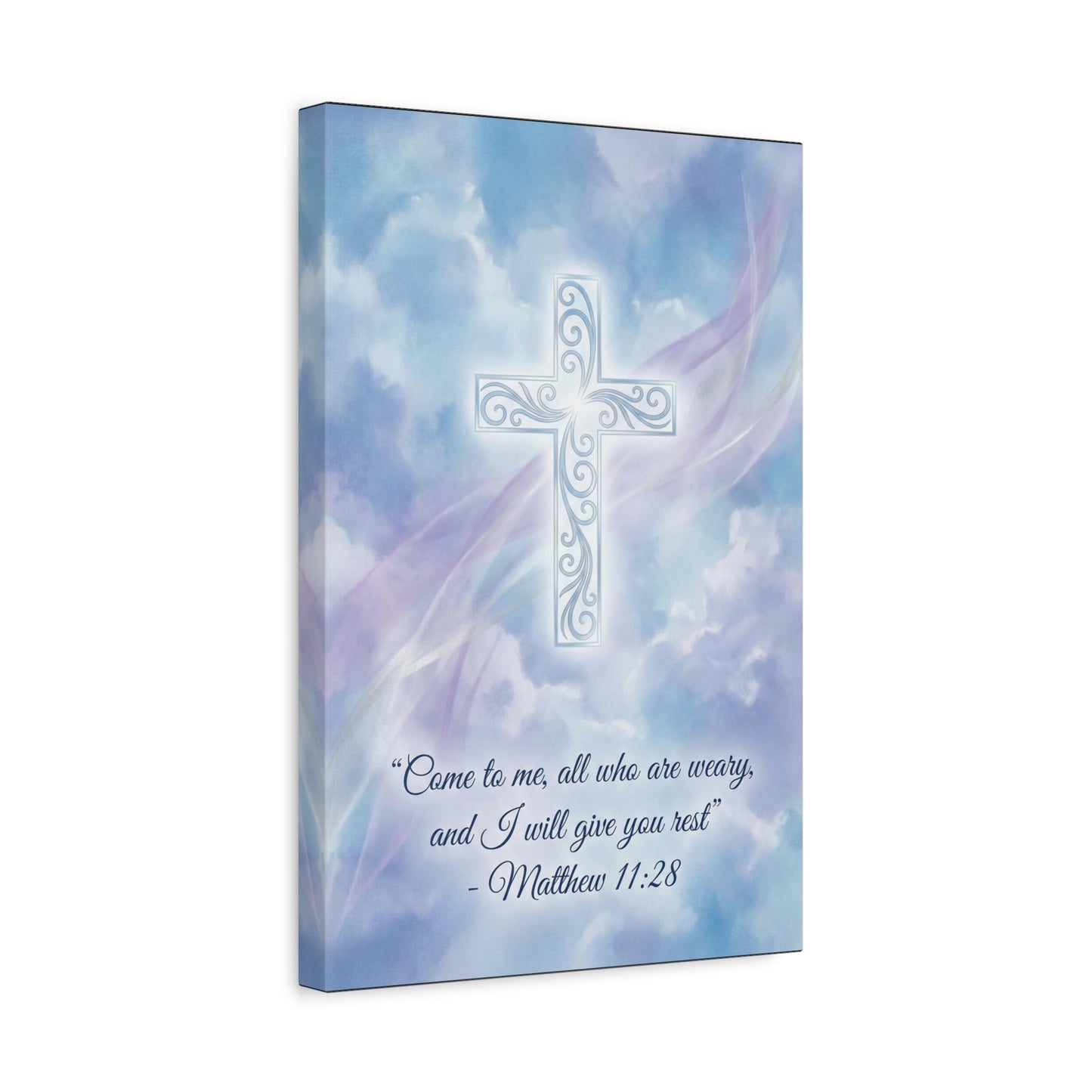 "Come To Me, All Who Are Weary, And I Will Give You Rest" Cross Canvas Wall Art - Matthew 11:28 Scripture Decor, Traditional Christian Wall Hanging, Serene Bedroom Living Room Accent - Ready to Hang