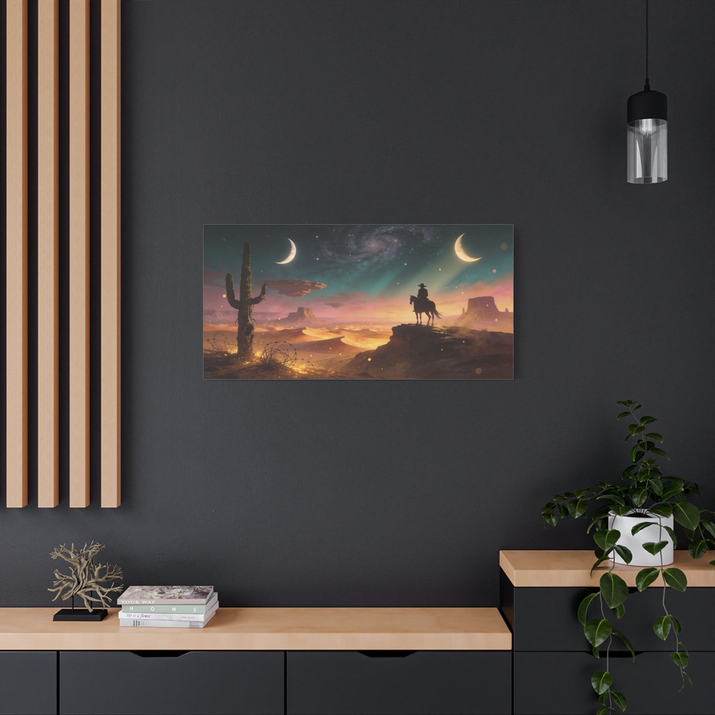 Surreal Desert Cowboy Canvas Wall Art - Crescent Moons, Galaxy Sky, Saguaro Silhouette - Matte Cotton Art Print - Contemporary Western Style, Living Room Wall Decor, Office Accent - Ready to Hang
