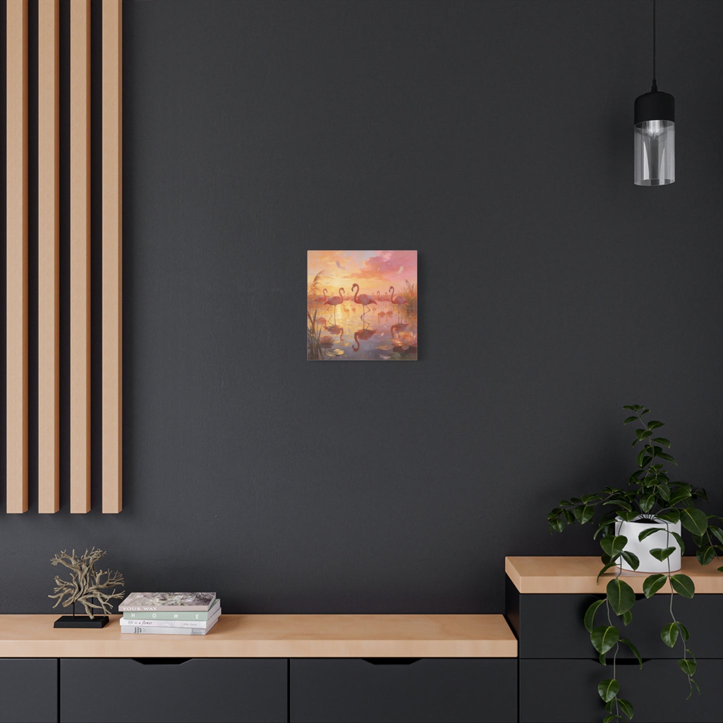 Pink Flamingo Canvas Wall Art - Sunset Wetland Birds, Lotus Pond Reflections - Dreamy Tropical Illustration, Matte Canvas Print - Living Room Wall Decor, Bedroom Home Decoration - Ready to Hang