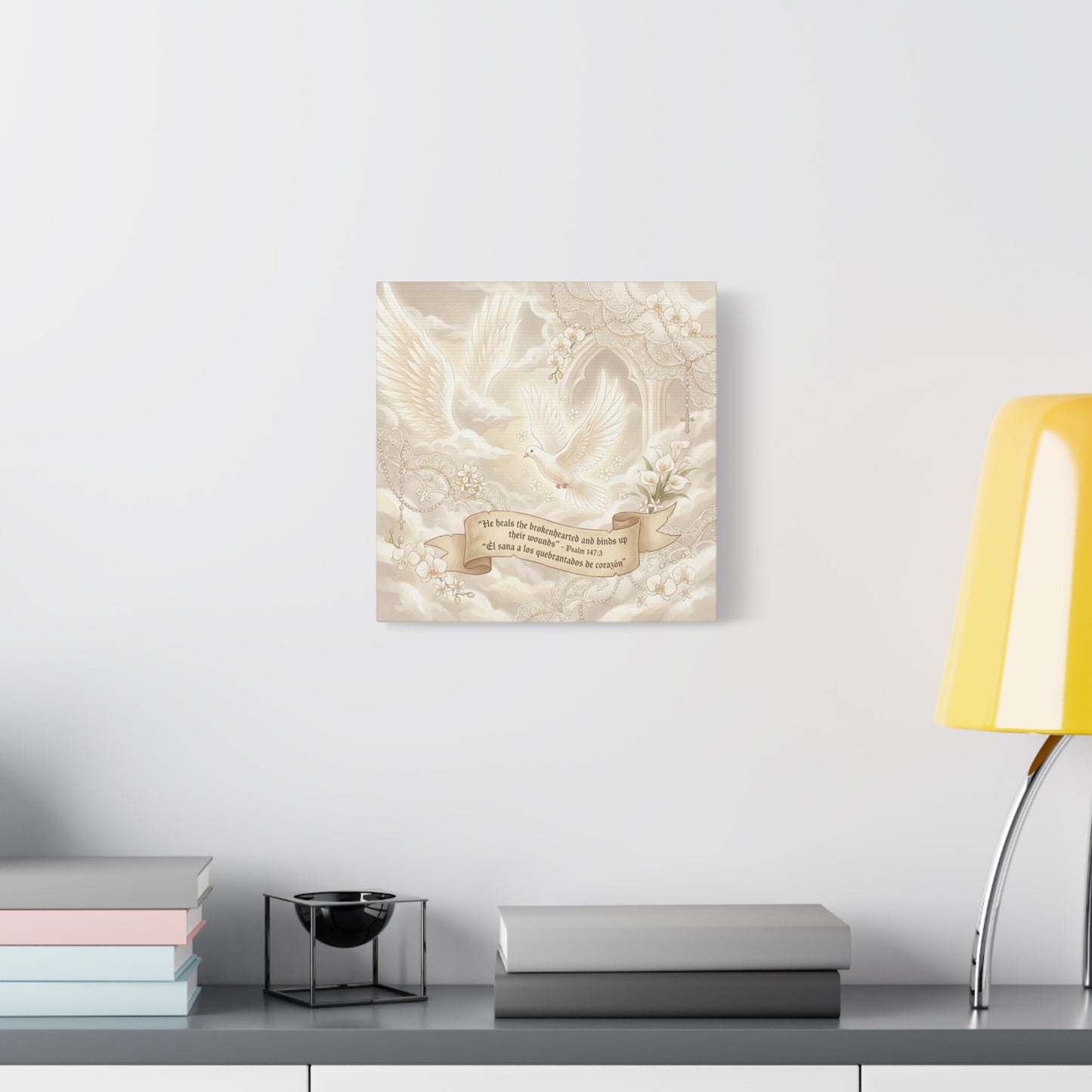"He Heals The Brokenhearted And Binds Up Their Wounds" Canvas Wall Art - Dove, Cross, Psalm 147:3 Scripture Print - Beige Floral Christian Decor - Bedroom Living Room Home Decoration - Office Wall Art
